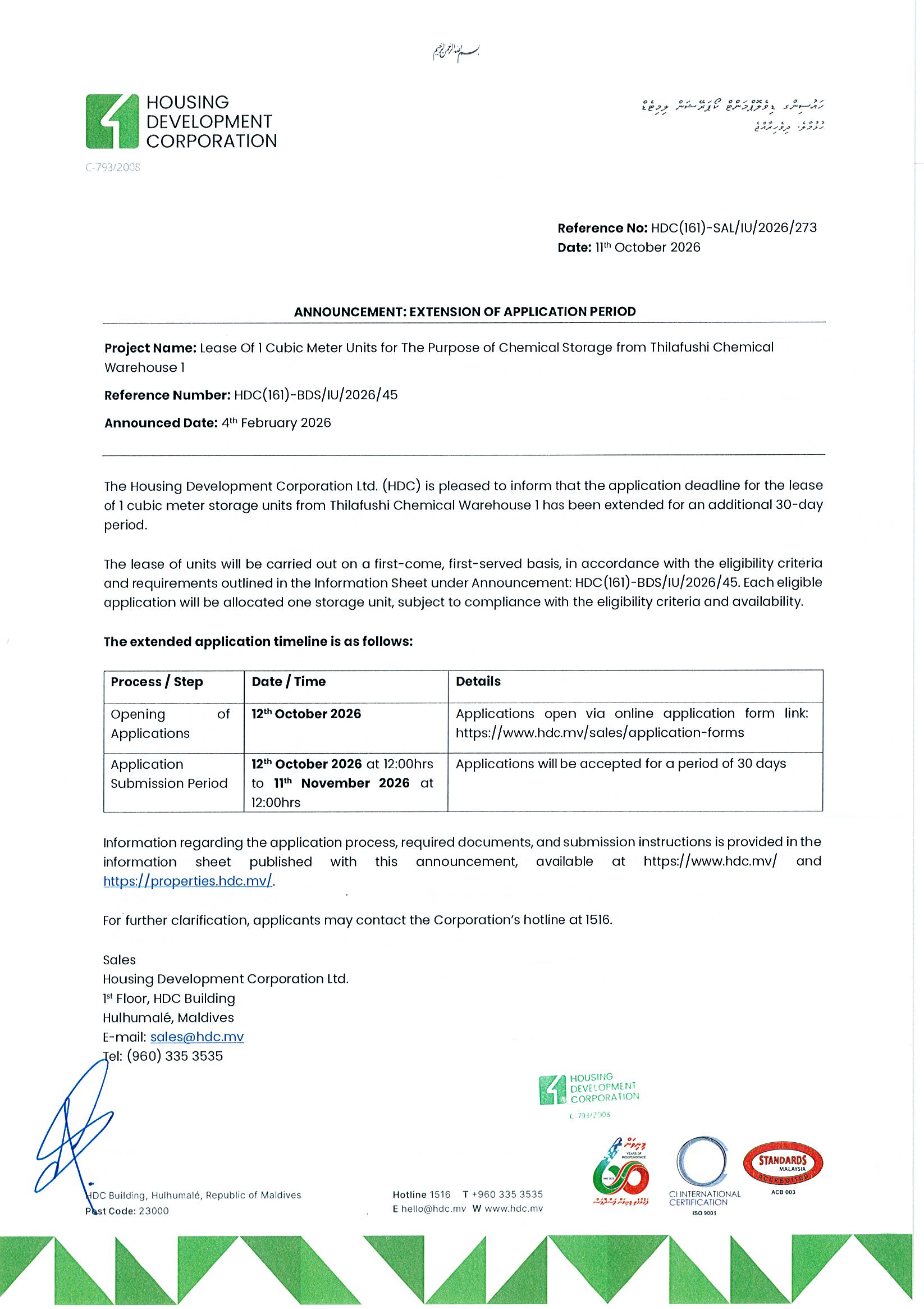 Extension of Application Period - Lease of 1 Cubic Meter Units for the Purpose of Chemical storage from Thilafushi Chemical Warehouse 1