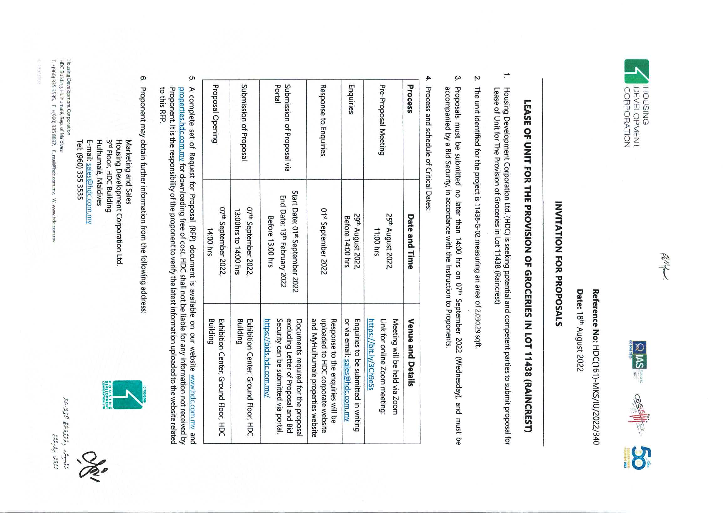 Lease of Unit for The Provision of Groceries in Lot 11438 (Raincrest)