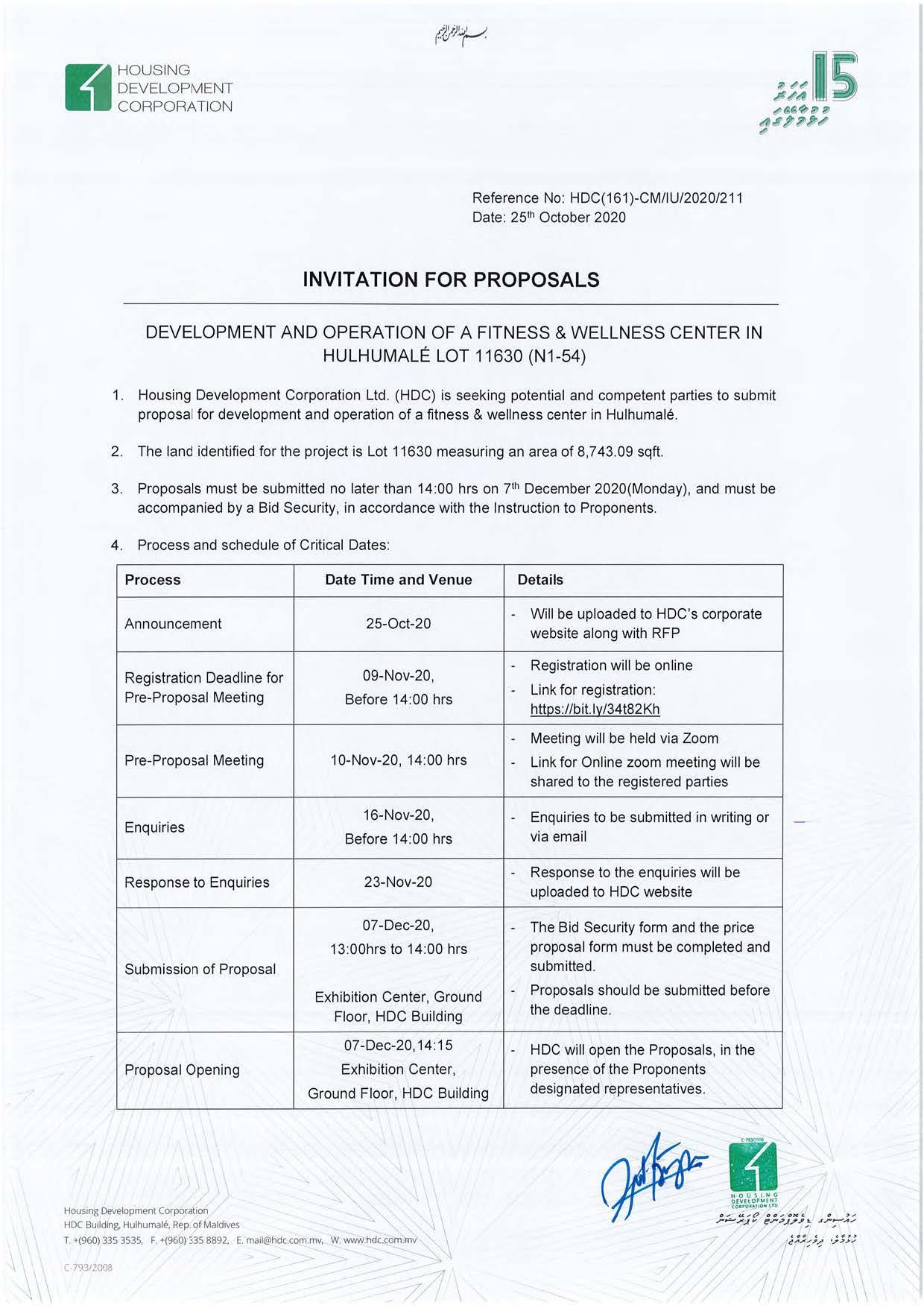 Development and Operation of a Fitness and Wellness Center in Hulhumalé Lot 11630 (N1-54)