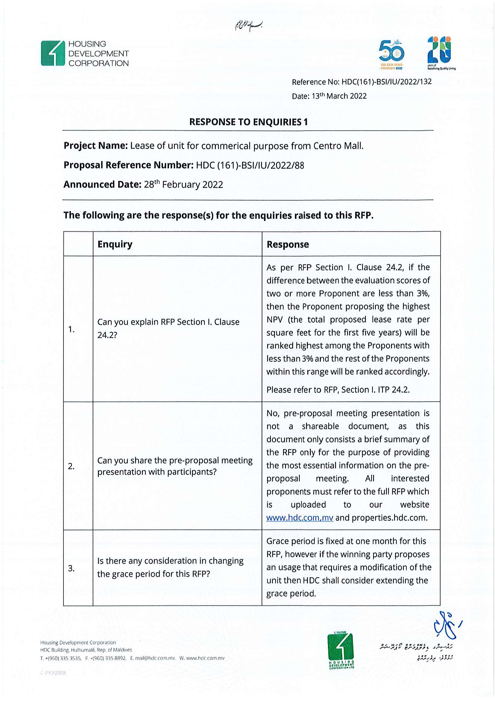 Responses to Enquires