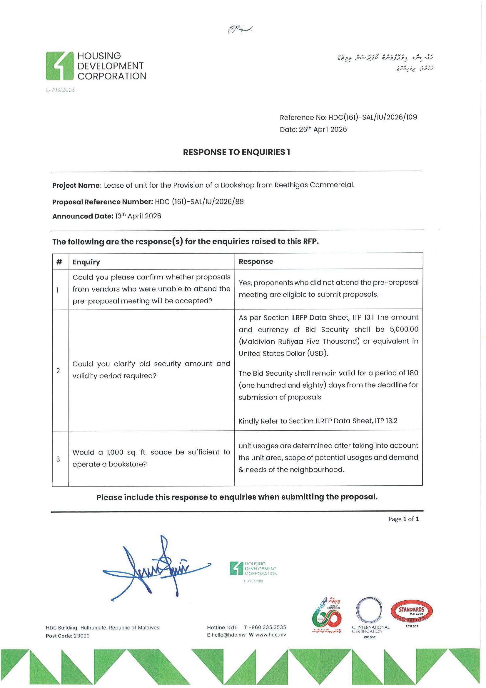 Response to Enquiries 1