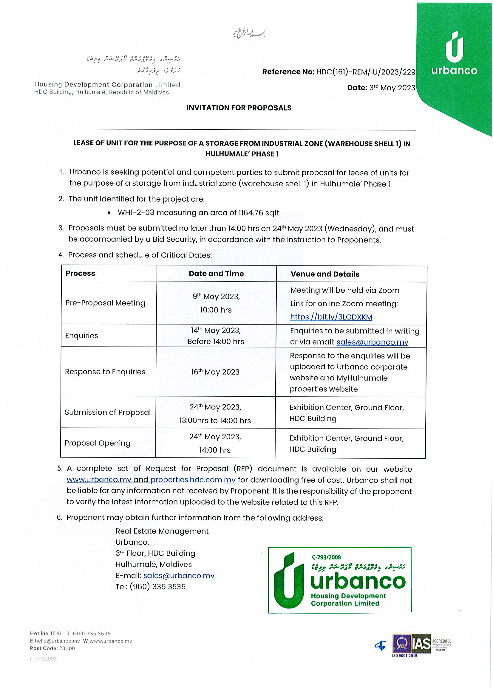 Lease of Unit for the Purpose of a Storage from Industrial Zone (Warehouse Shell 1) in Hulhumale Phase 1