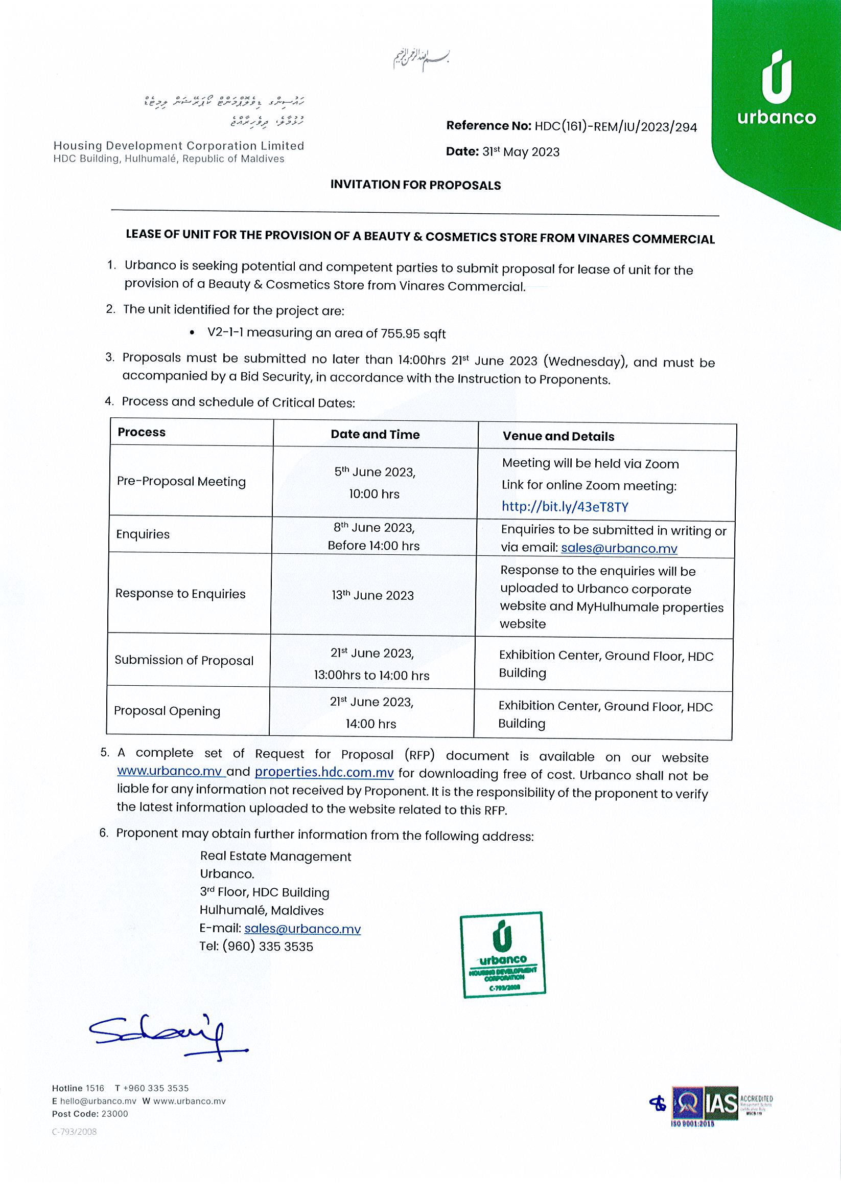 Lease of Unit for the Provision of a Beauty & Cosmetics Store from Vinares Commercial