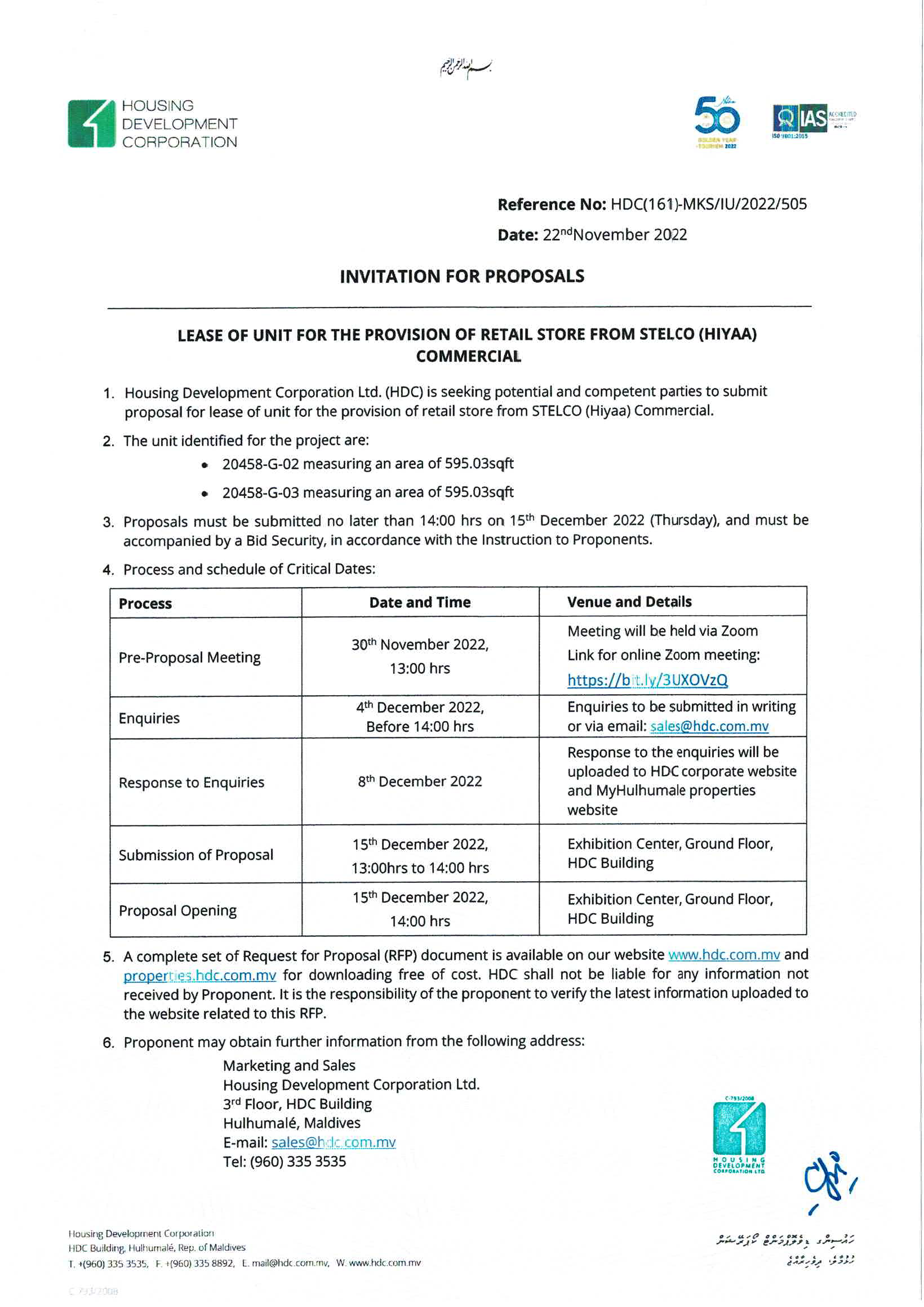 Lease Of Unit for The Provision of Retail Store from STELCO (Hiyaa) Commercial