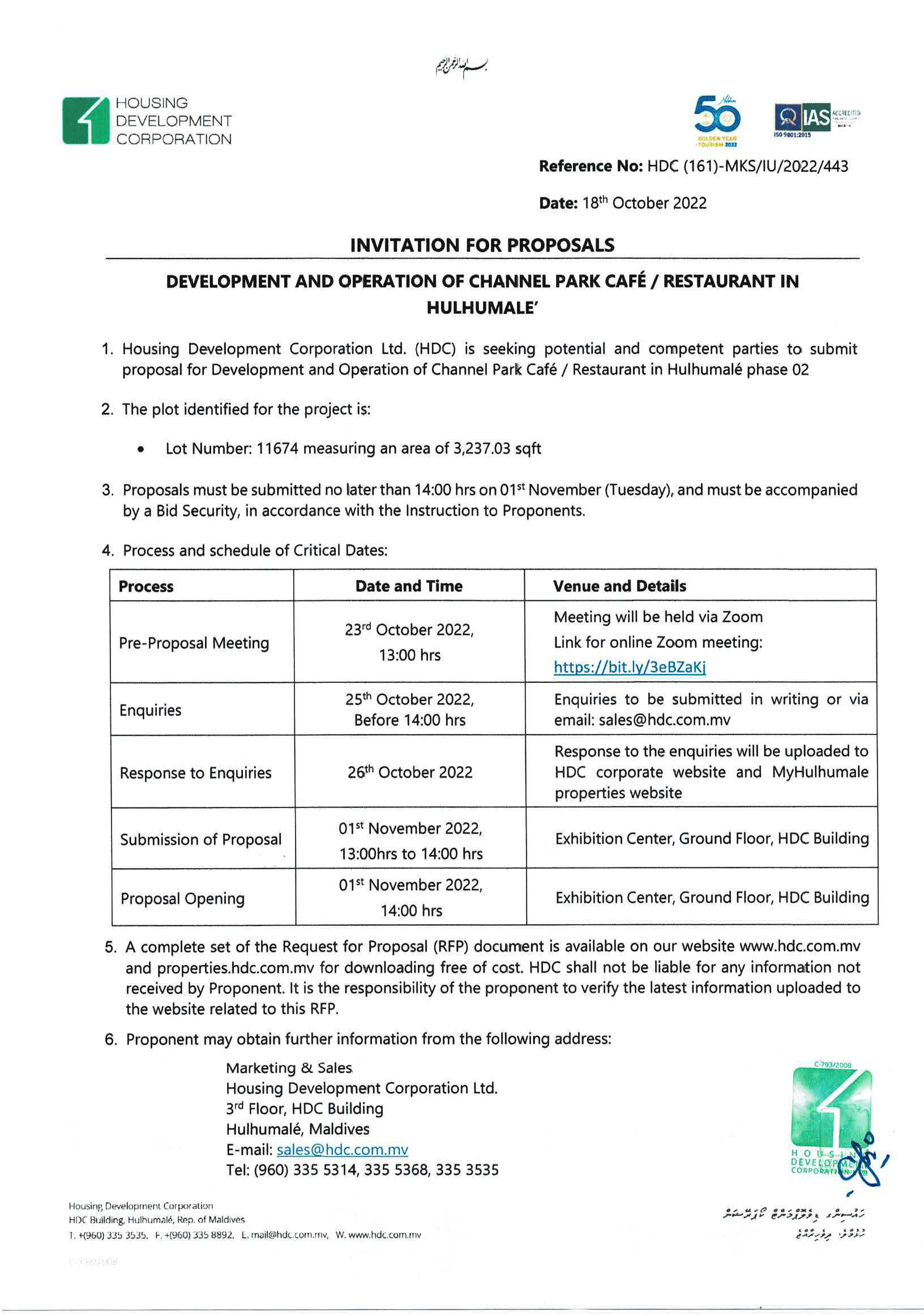 Development and Operation of Channel Park Café / Restaurants in Hulhumalé