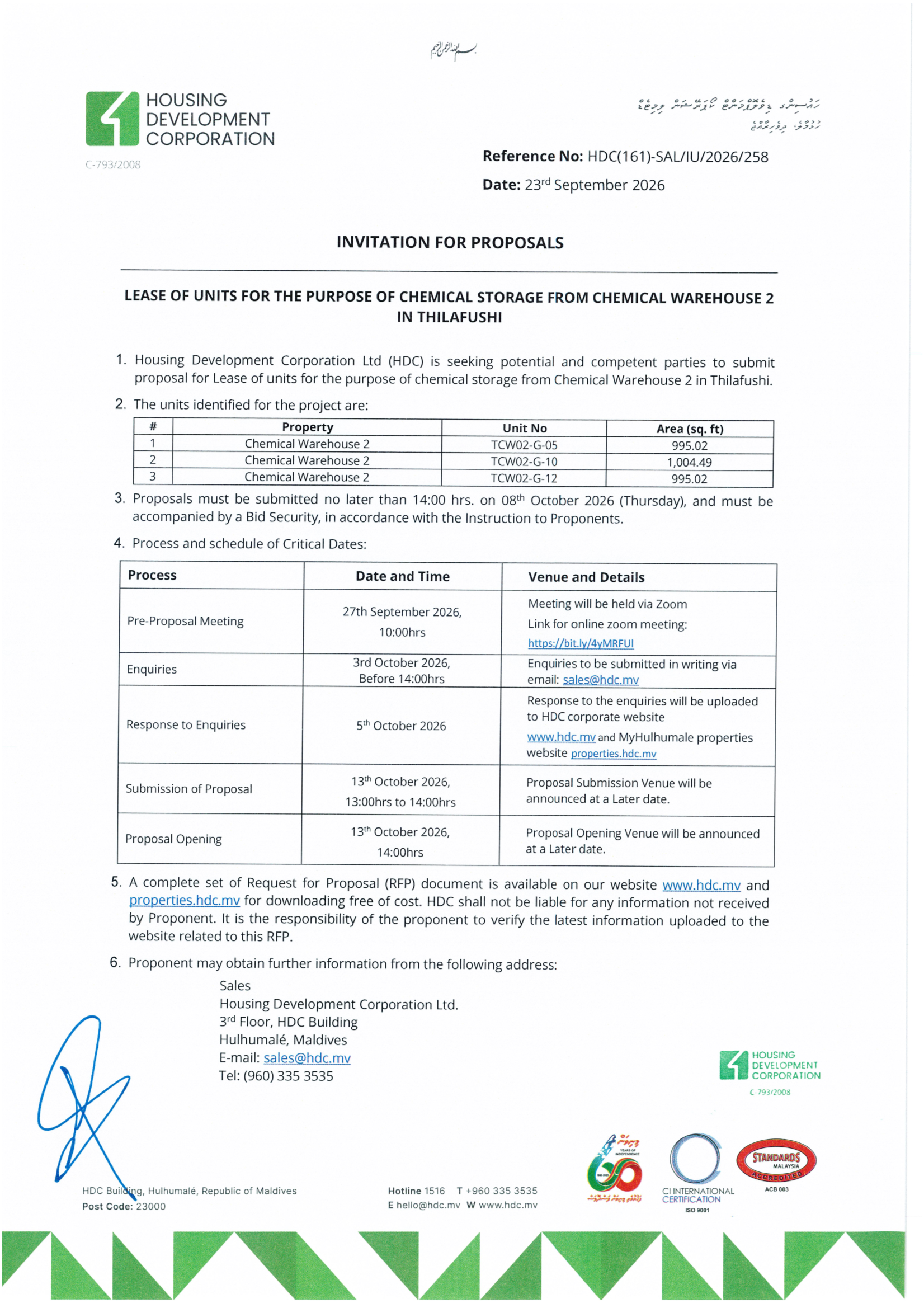 Lease of Unit for the Purpose of Chemical Storage from Chemical Warehouse 2 in Thilafushi