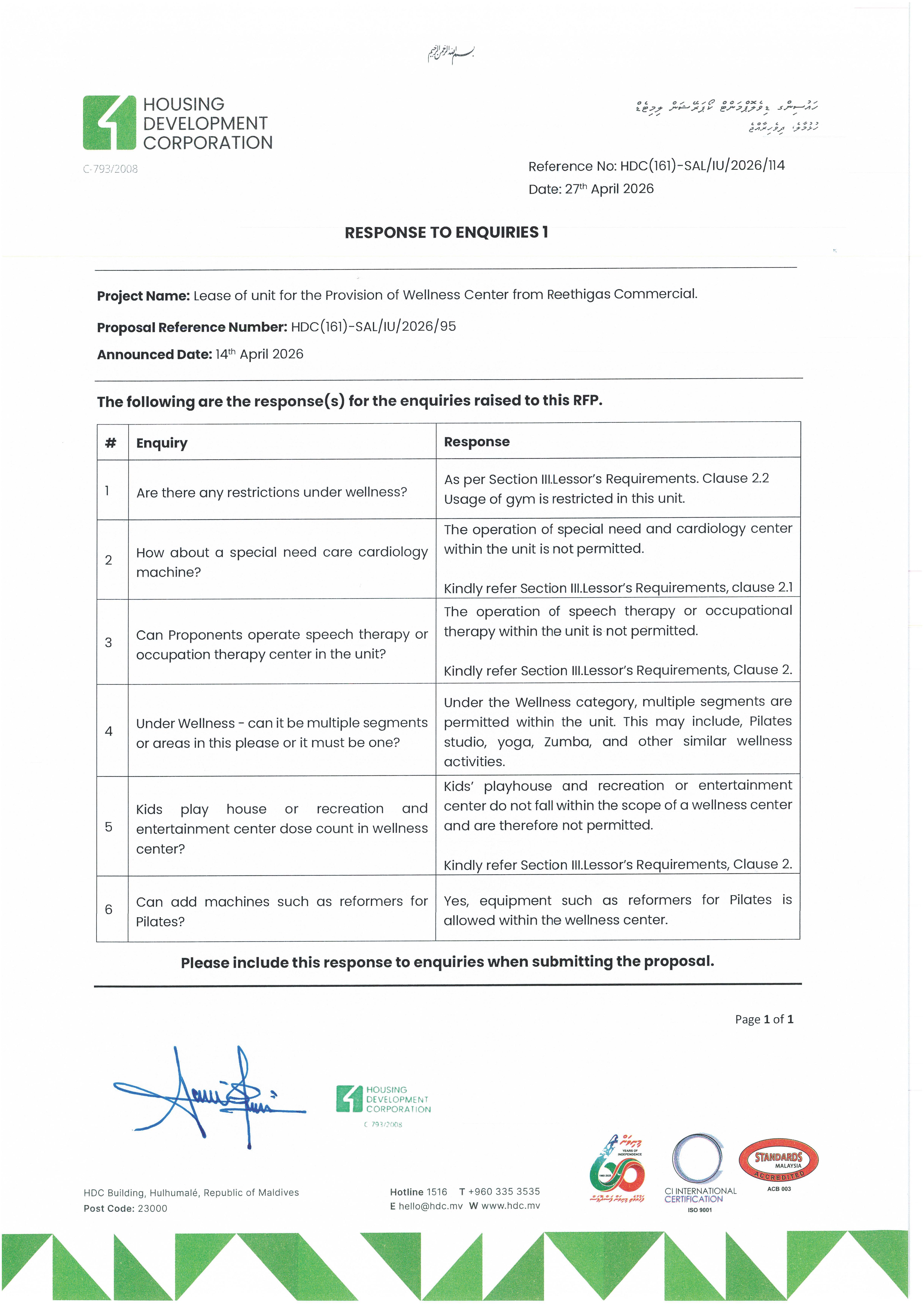 Response to Enquiries 1 - Lease of Unit for the Provision of Wellness from Reethigas Commercial