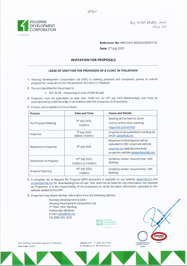 Lease of Unit for the Provision of a Clinic in Thilafushi