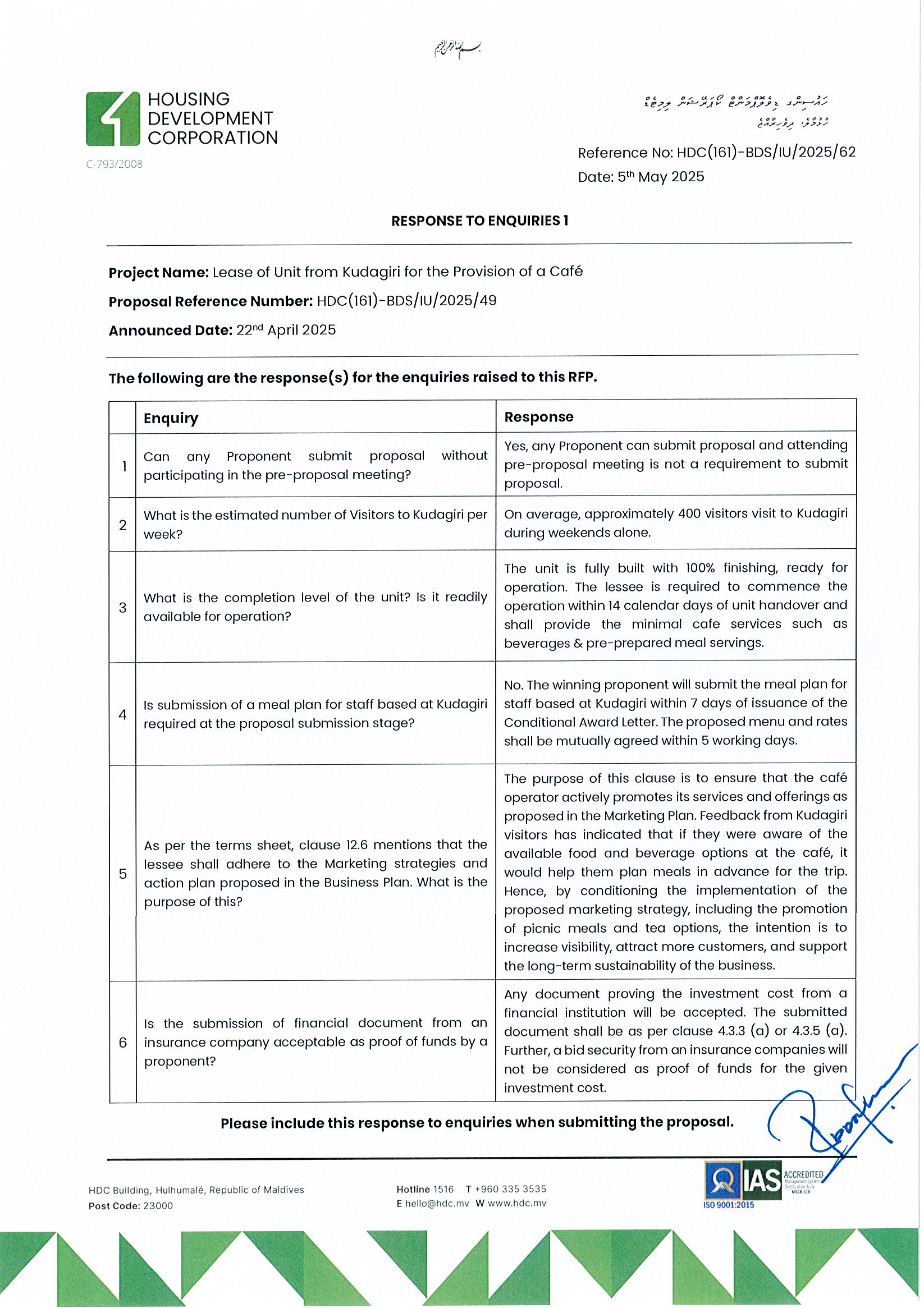 Response to Enquiries 1