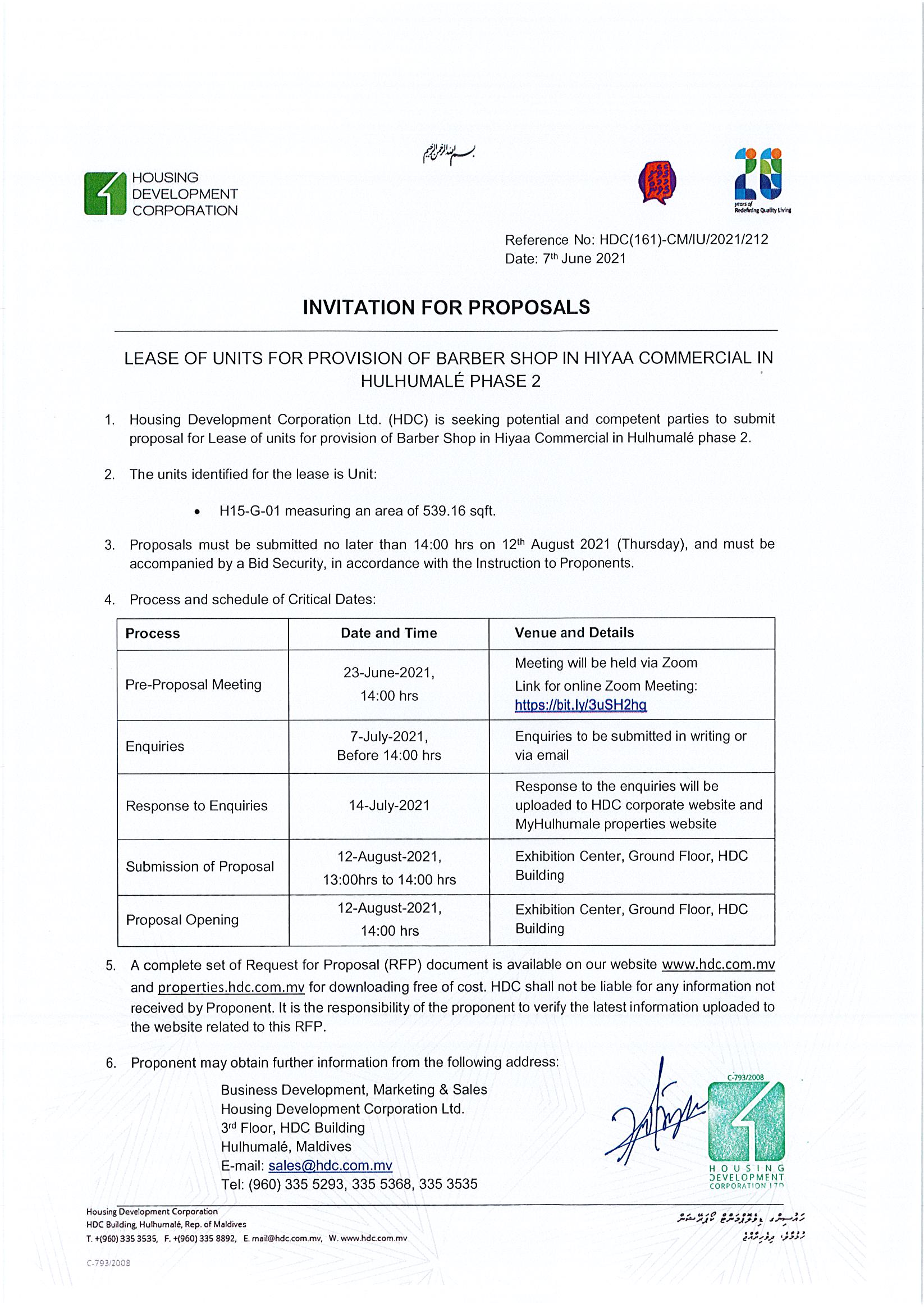 Lease of Unit for Provision of Barber Shop in Hiyaa Commercial in Hulhumale’ Phase 2