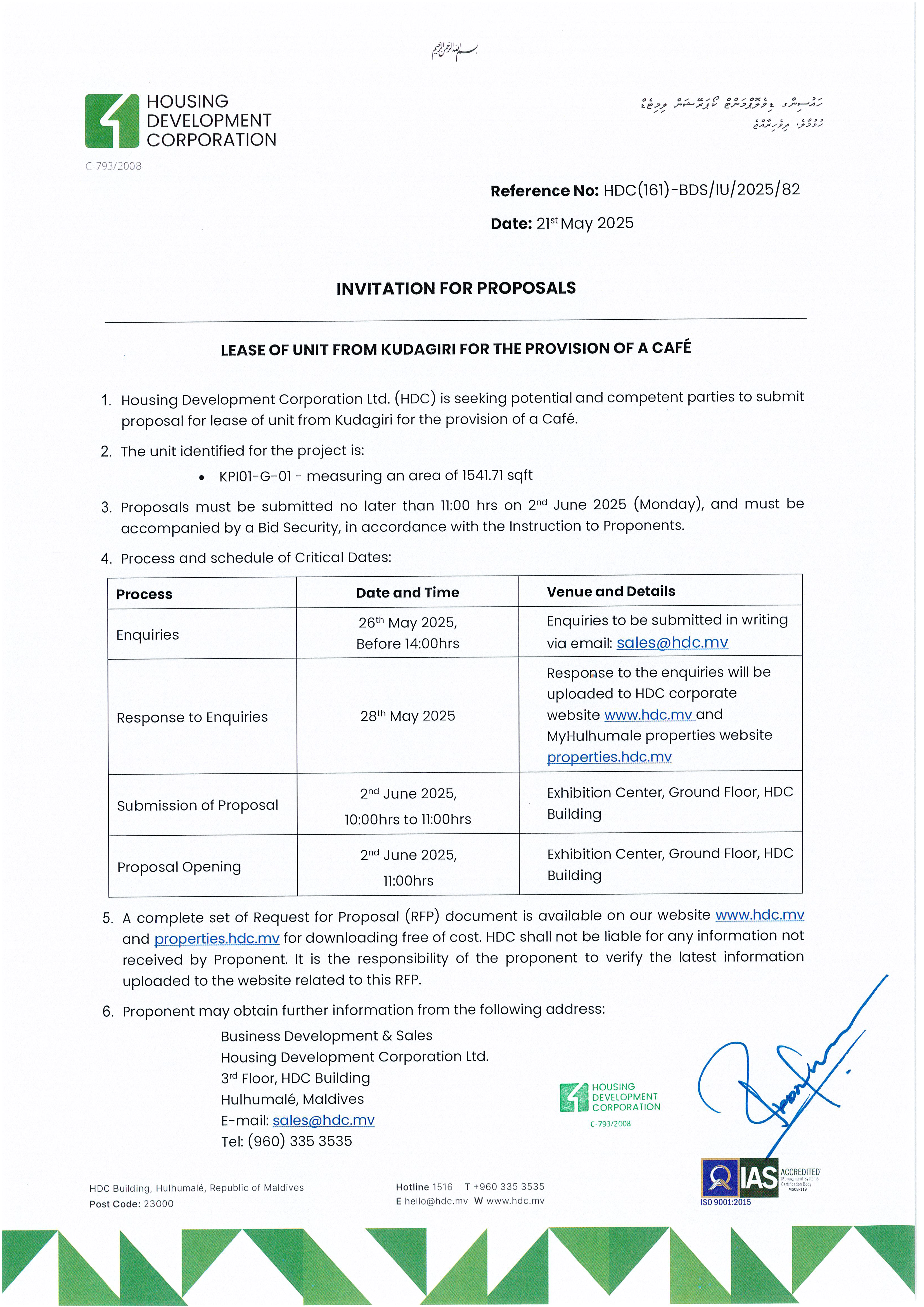 Lease of Unit from Kudagiri for the Provision of a Café