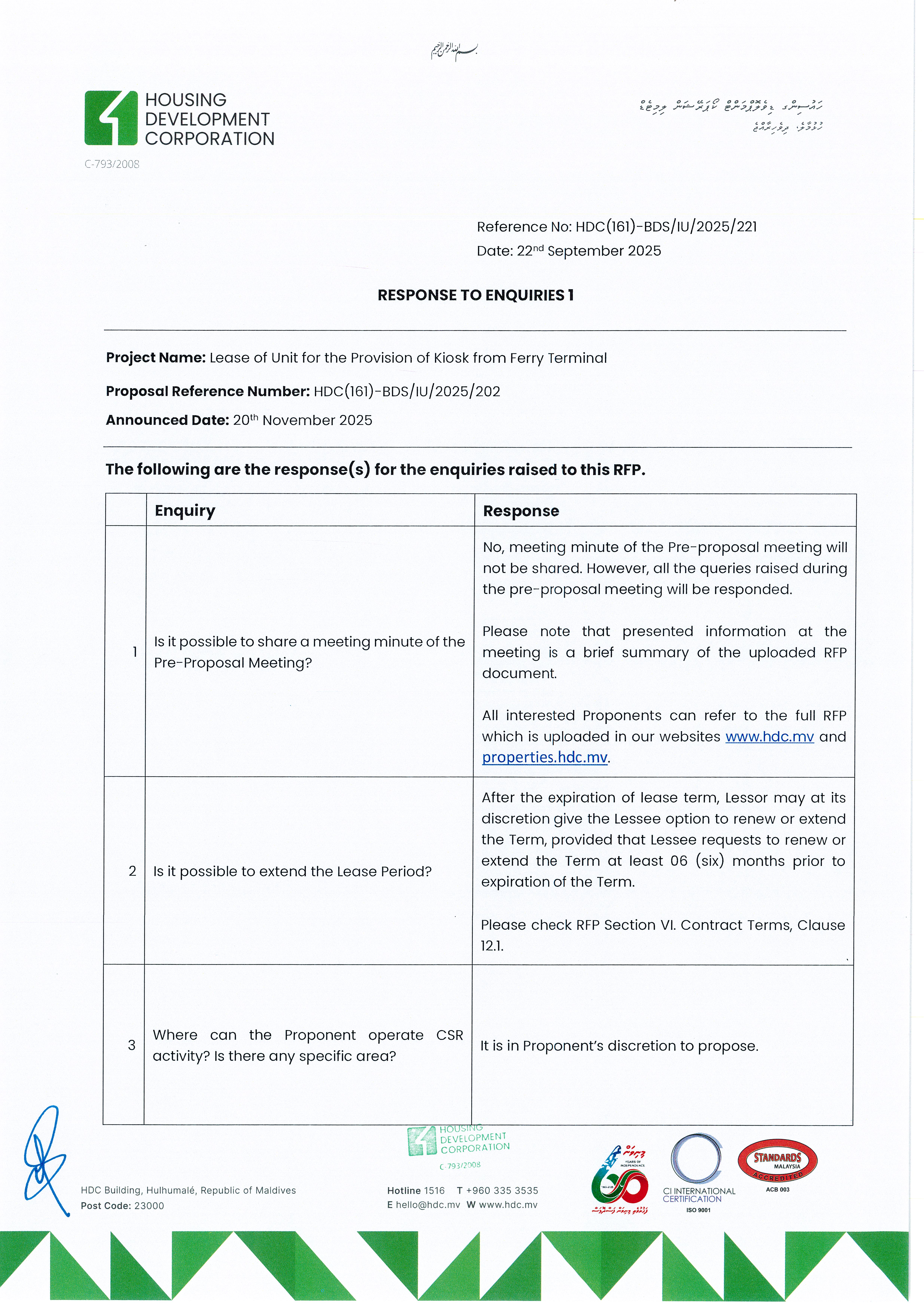 Response to Enquiries 1