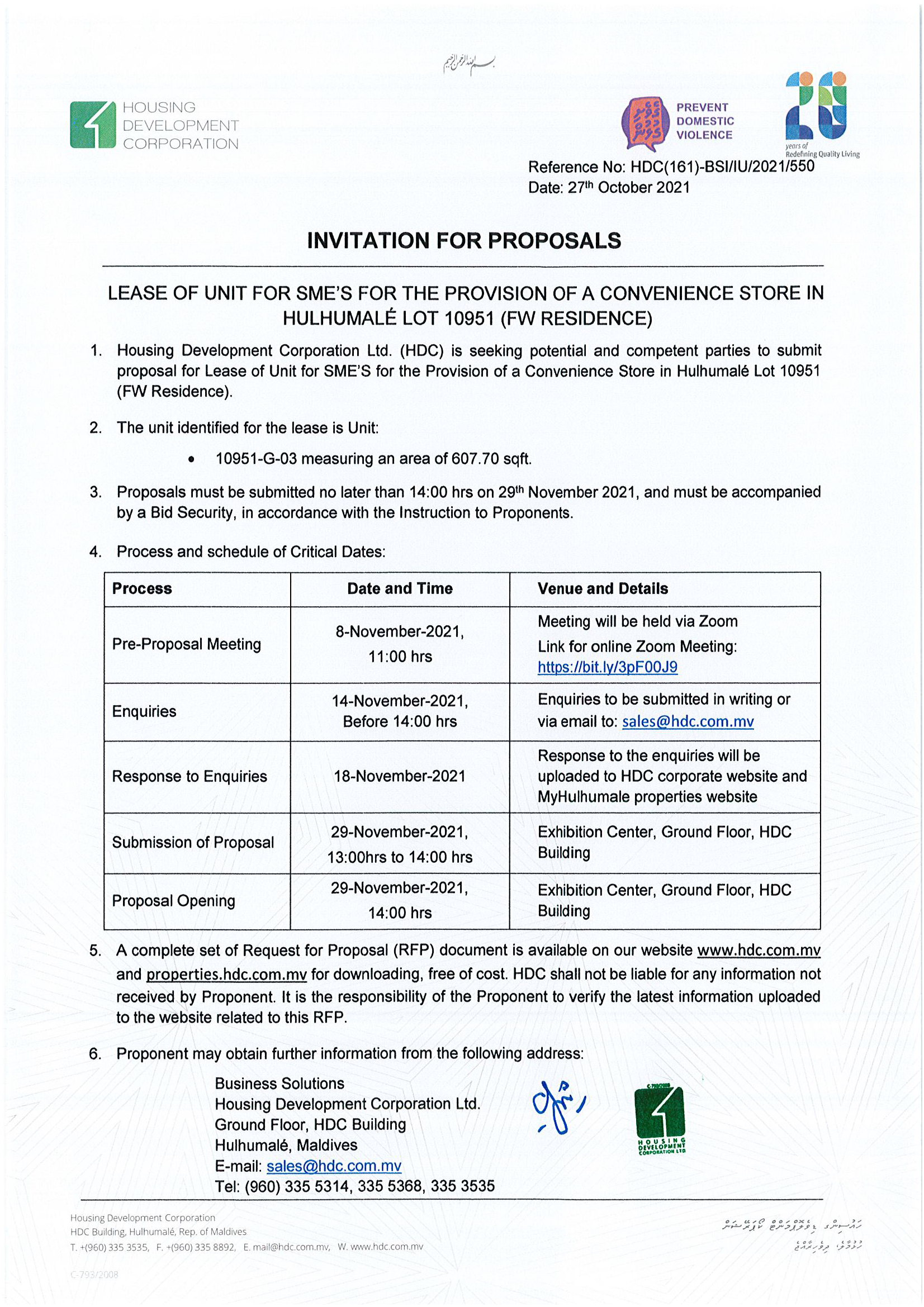 Lease of Unit for SME’S for the Provision of a Convenience Store in Hulhumalé Lot 10951 (FW Residence)