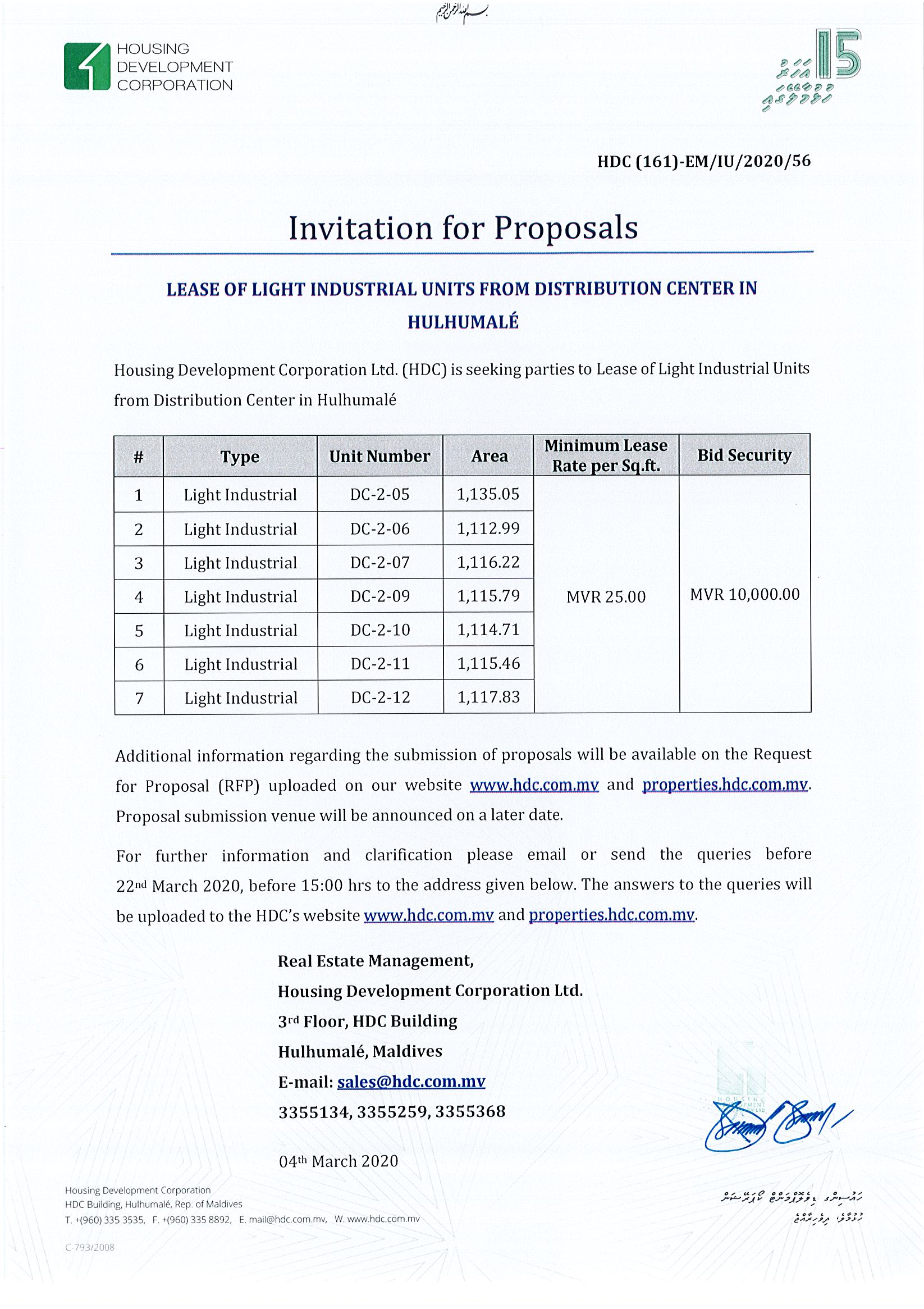 Lease of Light Industrial Units from Distribution Center in Hulhumalé