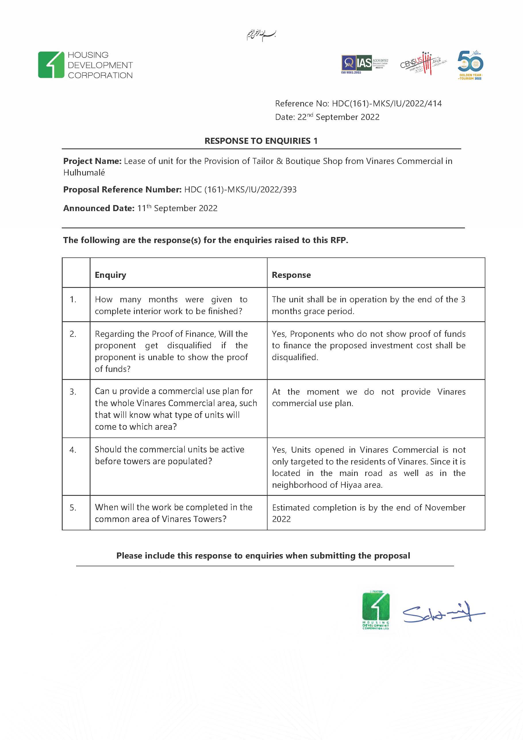 Response to Enquries 1