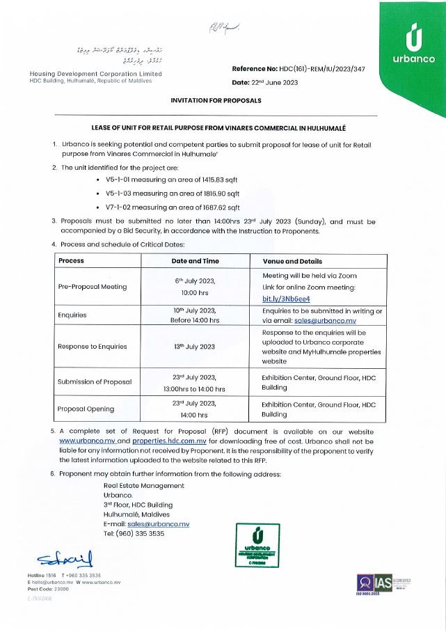 Lease of Unit for Retail Purpose from Vinares Commercial in Hulhumale