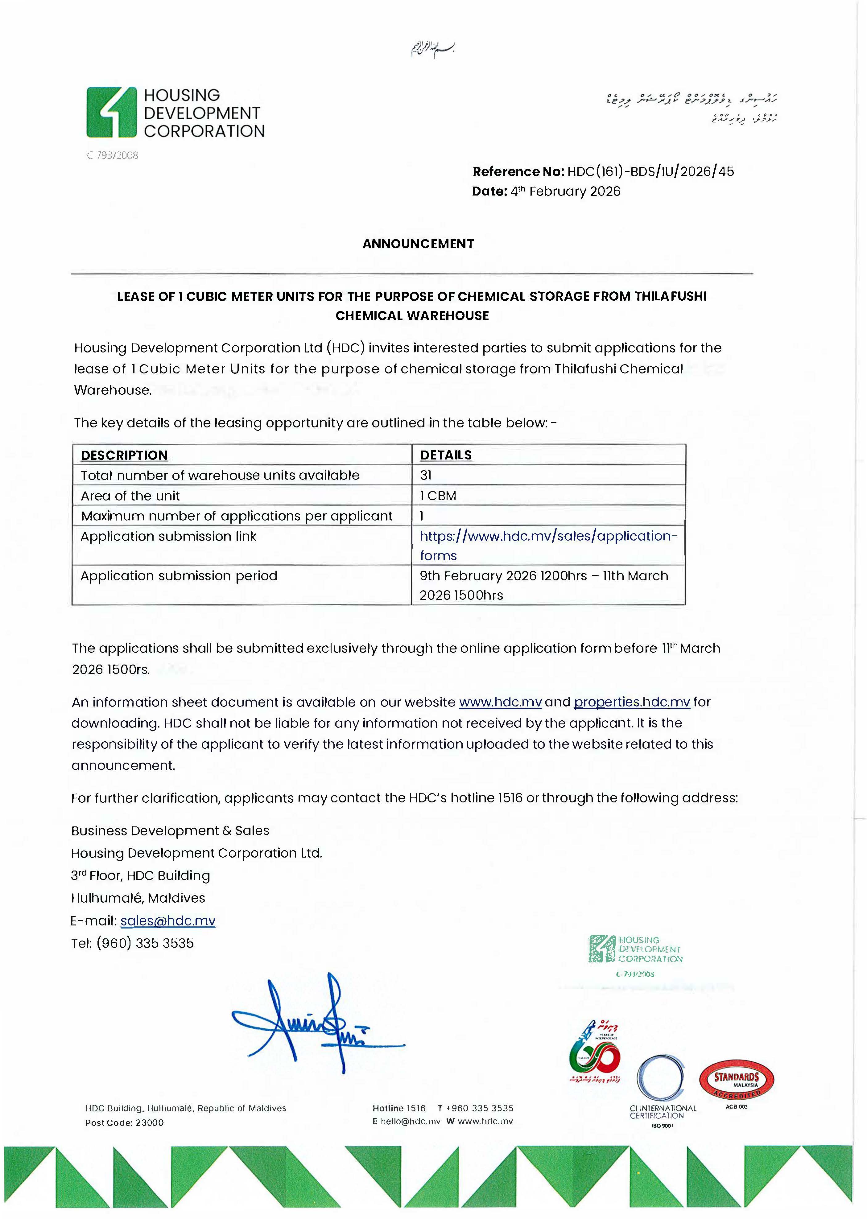 Lease of 1 Cubic Meter Units for the purpose of chemical storage from Thilafushi Chemical Warehouse