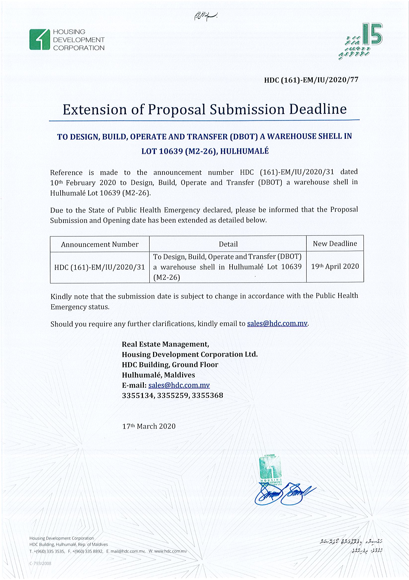 Extension of Proposal Submission Deadline