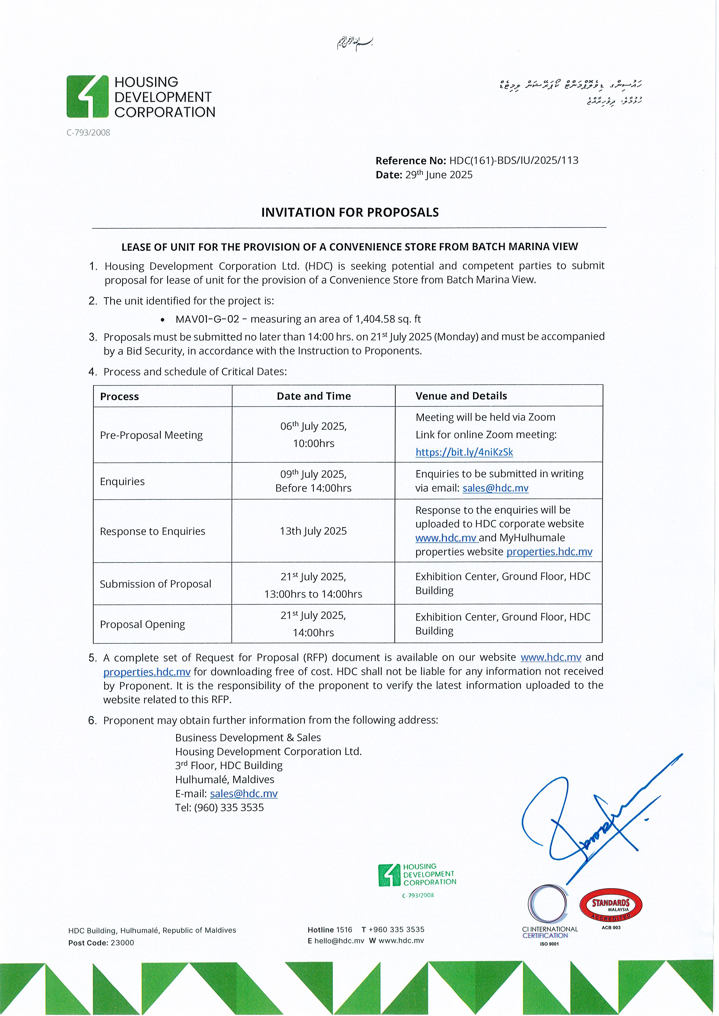 Lease of unit for the provision of a convenience store from Batch Marina View