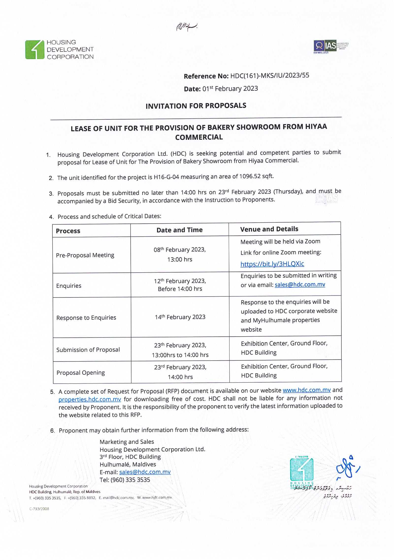 Lease of Unit for The Provision of Bakery Showroom from Hiyaa Commercial