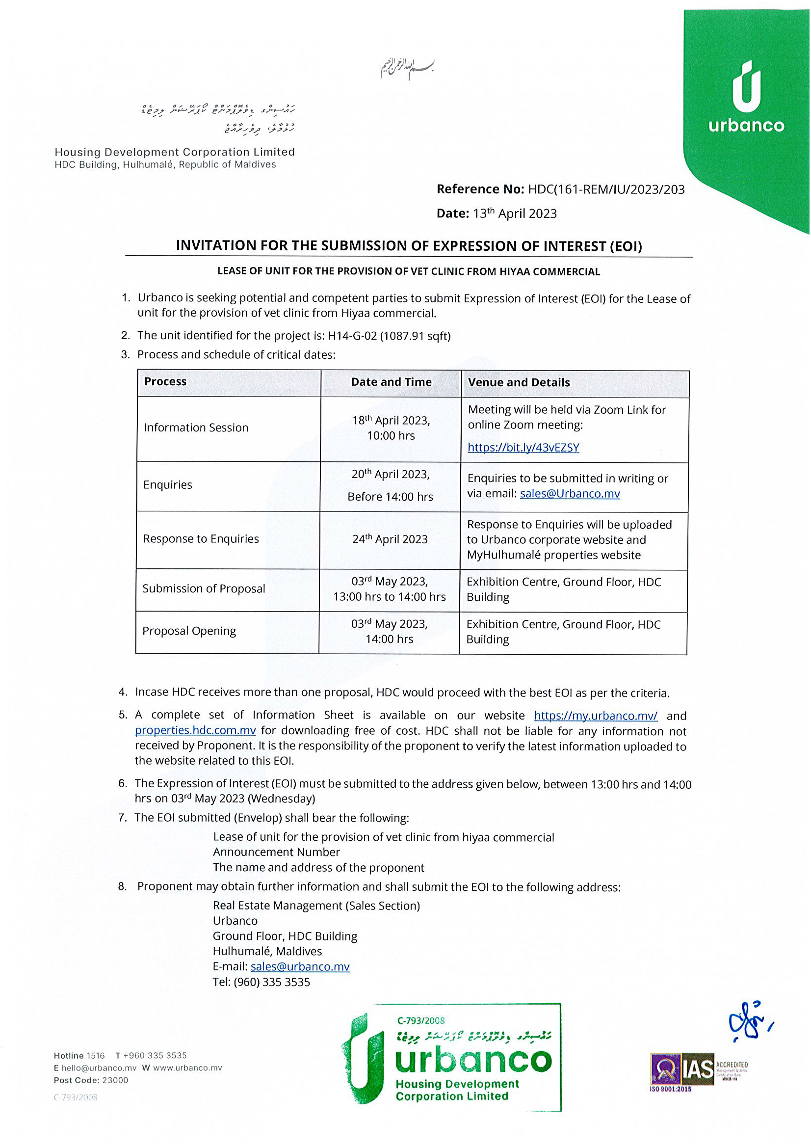 EOI - Lease of Unit for the Provision of Vet Clinic from Hiyaa Commercial