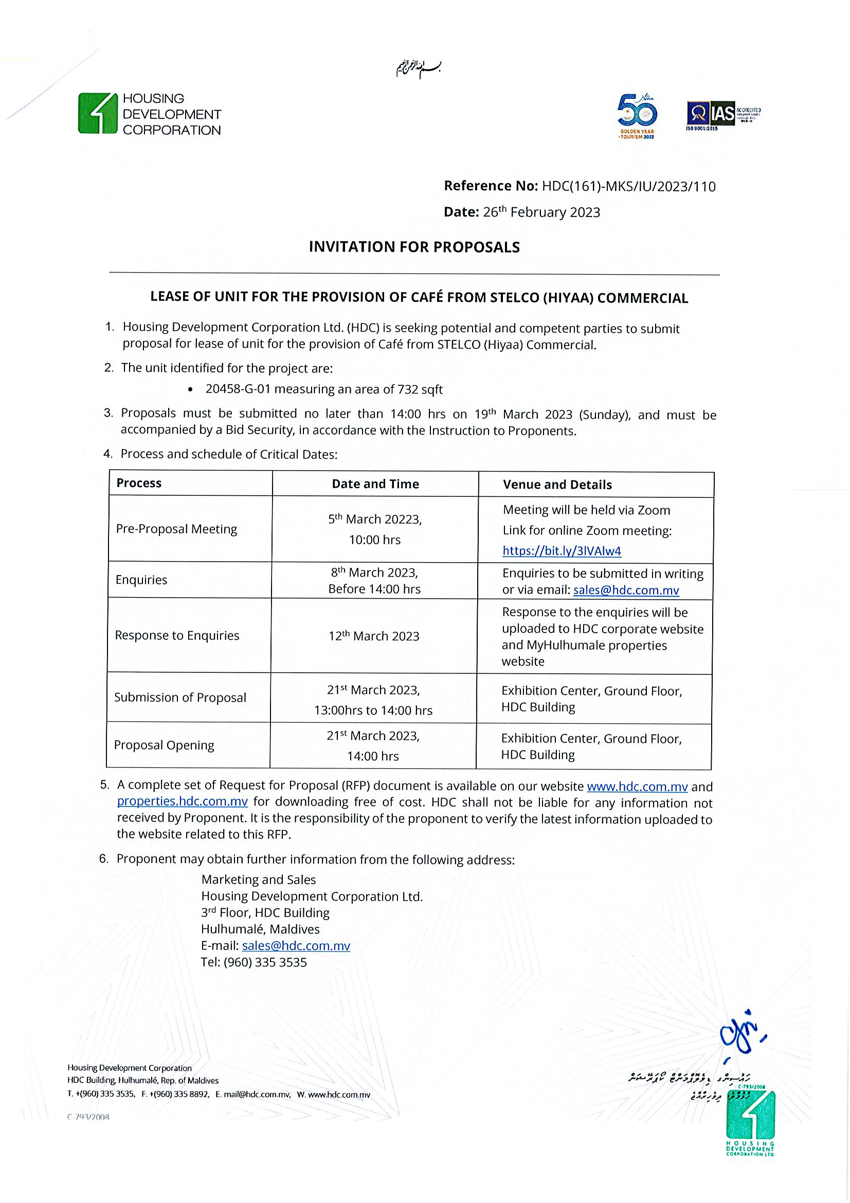 Lease of unit for the provision of a Café from STELCO (Hiyaa) Commercial