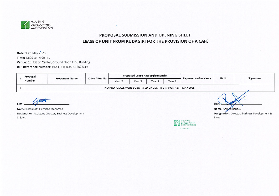 Proposals Submission and Opening Sheet