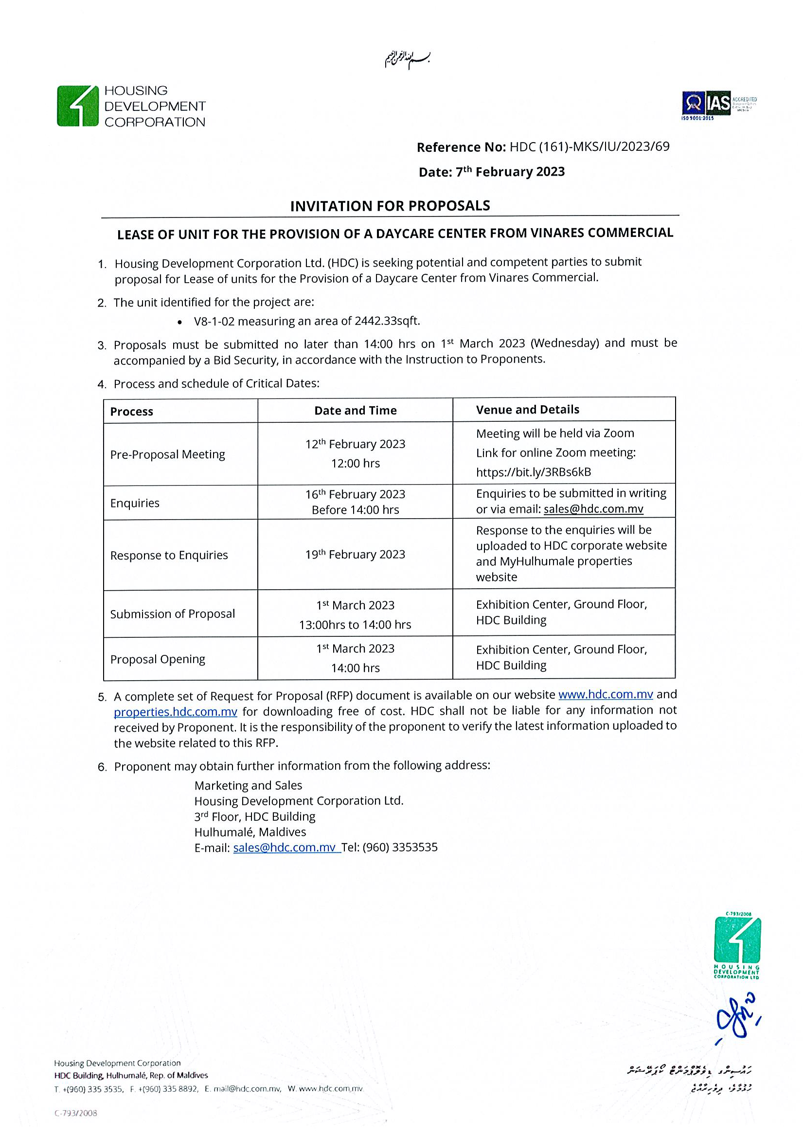 Lease of units for the Provision of a Daycare Center from Vinares Commercial