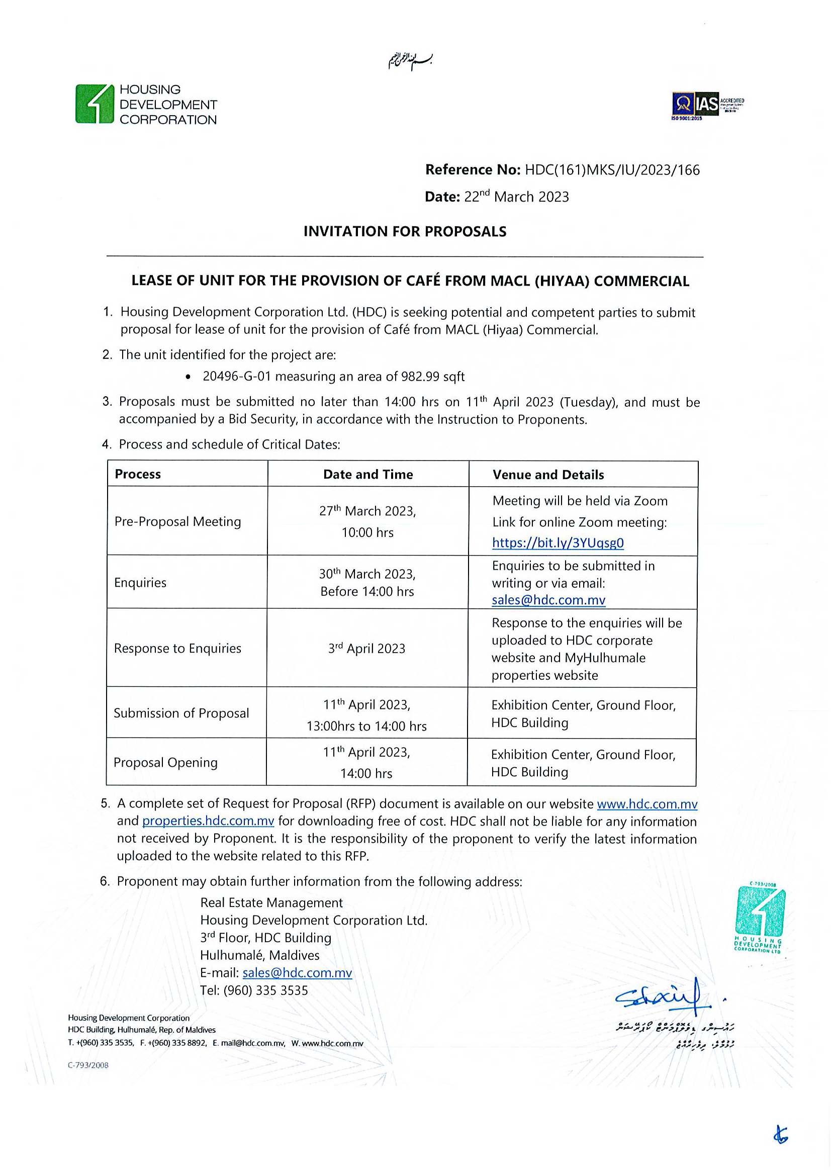 Lease of Unit for the Provision of Cafe from MACL (Hiyaa) Commercial