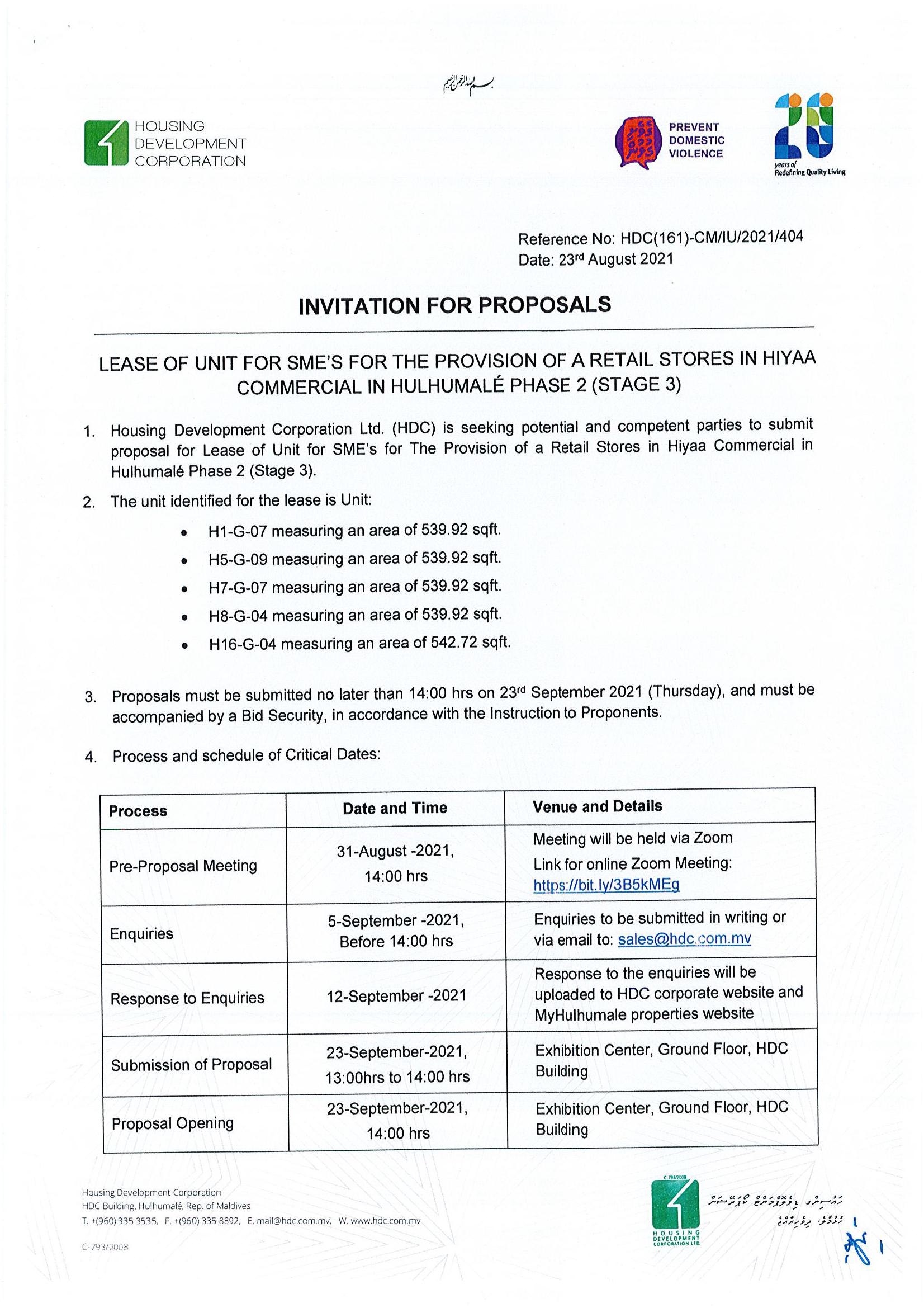 Lease of Unit for SME’s for The Provision of a Retail Stores in Hiyaa Commercial in Hulhumalé Phase 2 (Stage 3)