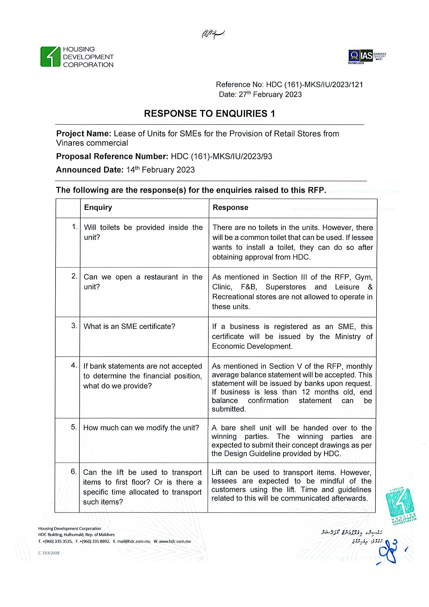 Response to Enquiries 1