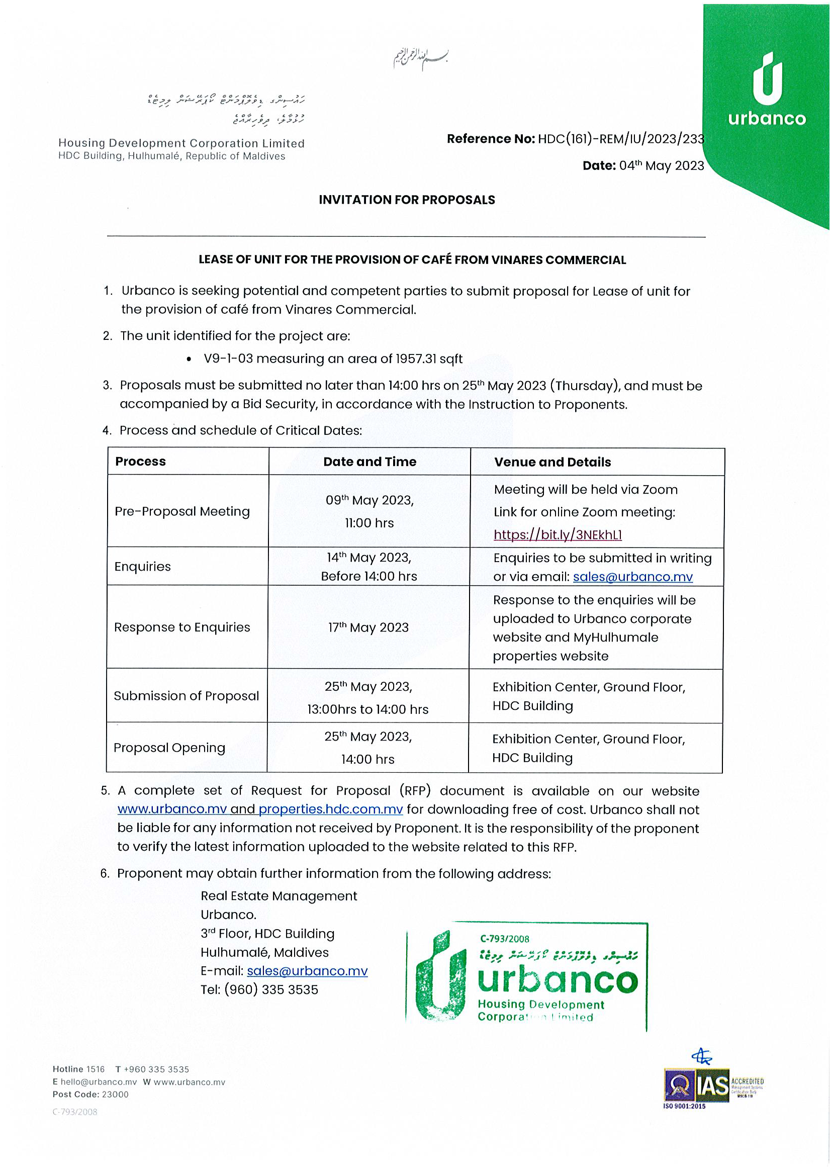 Lease of Unit for the Provision of Café from Vinares Commercial