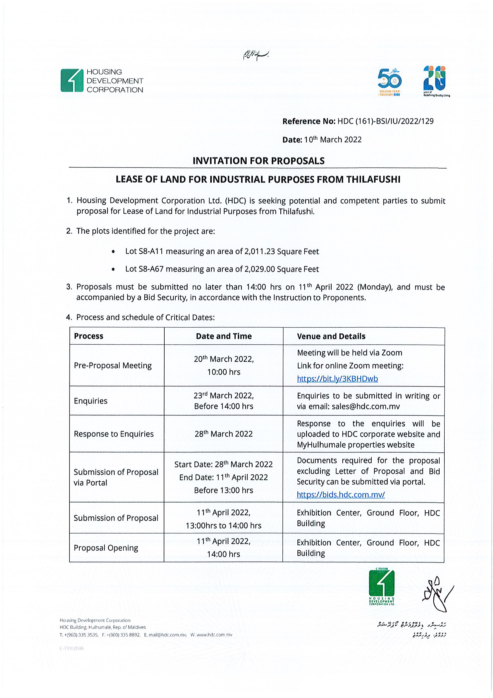 Lease of Land for Industrial Purposes from Thilafushi