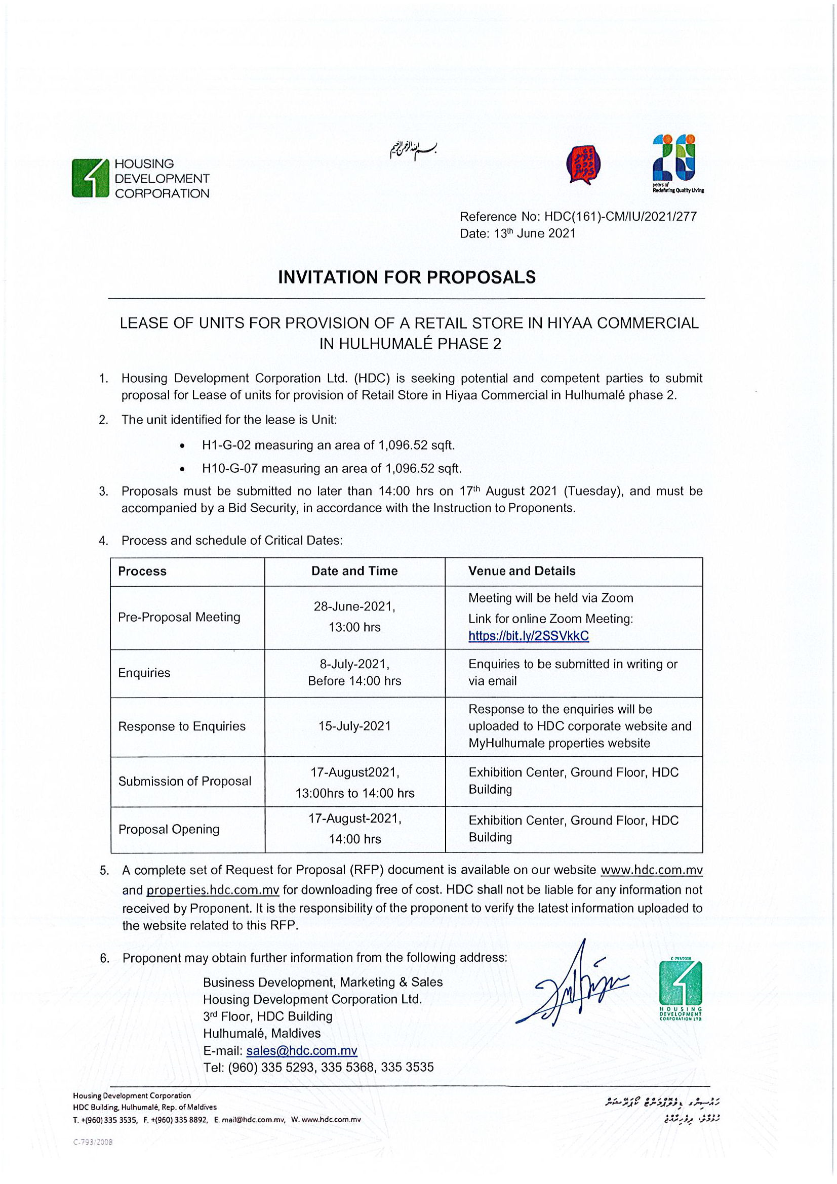 Lease of Units for Provision of Retail Store in Hiyaa Commercial in Hulhumale Phase 2