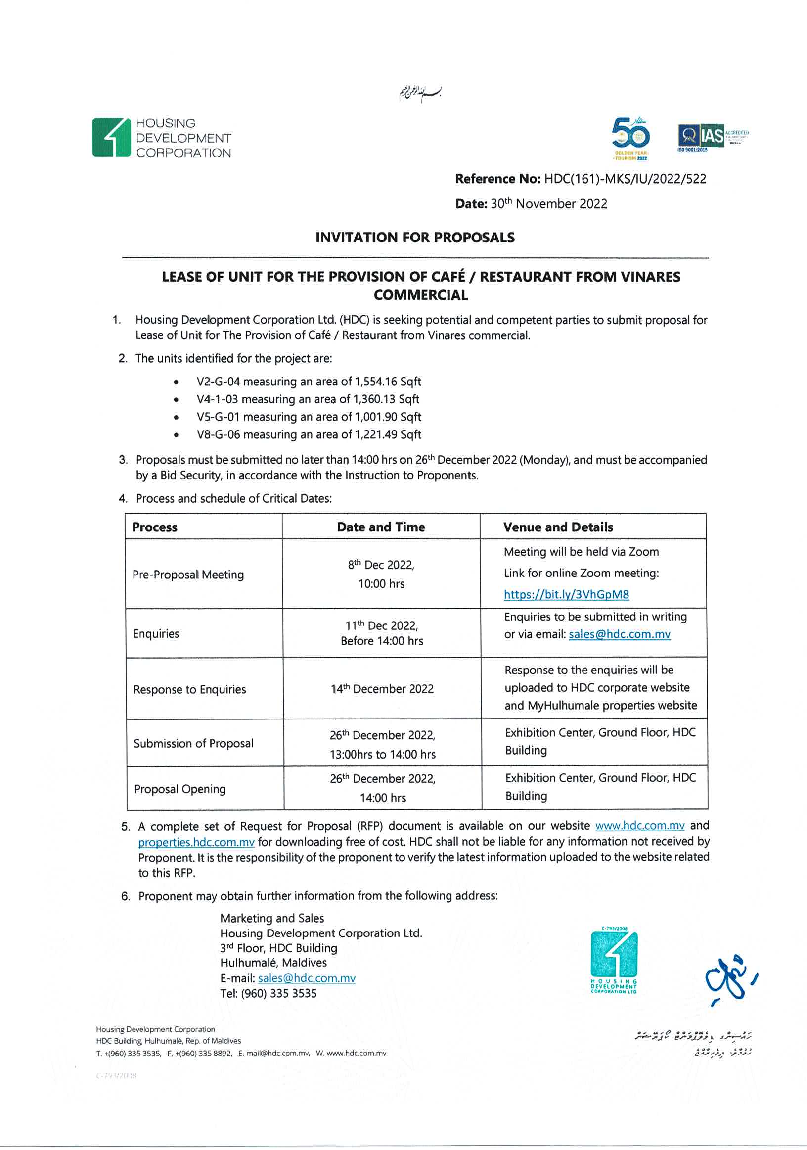 Lease of Unit for the Provision of Café / Restaurant from Vinares