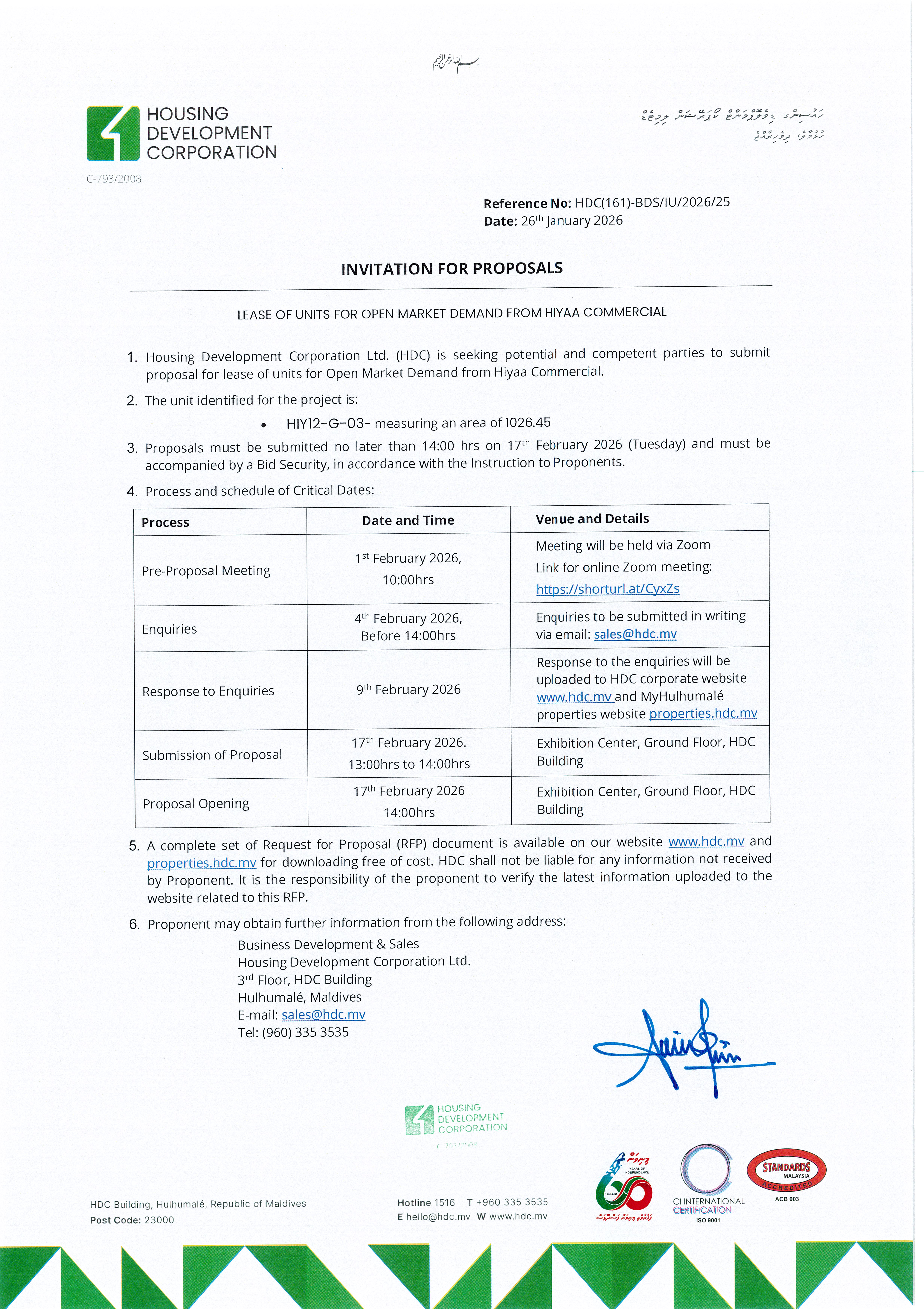 Lease of Units for Open Market Demand from Hiyaa Commercial