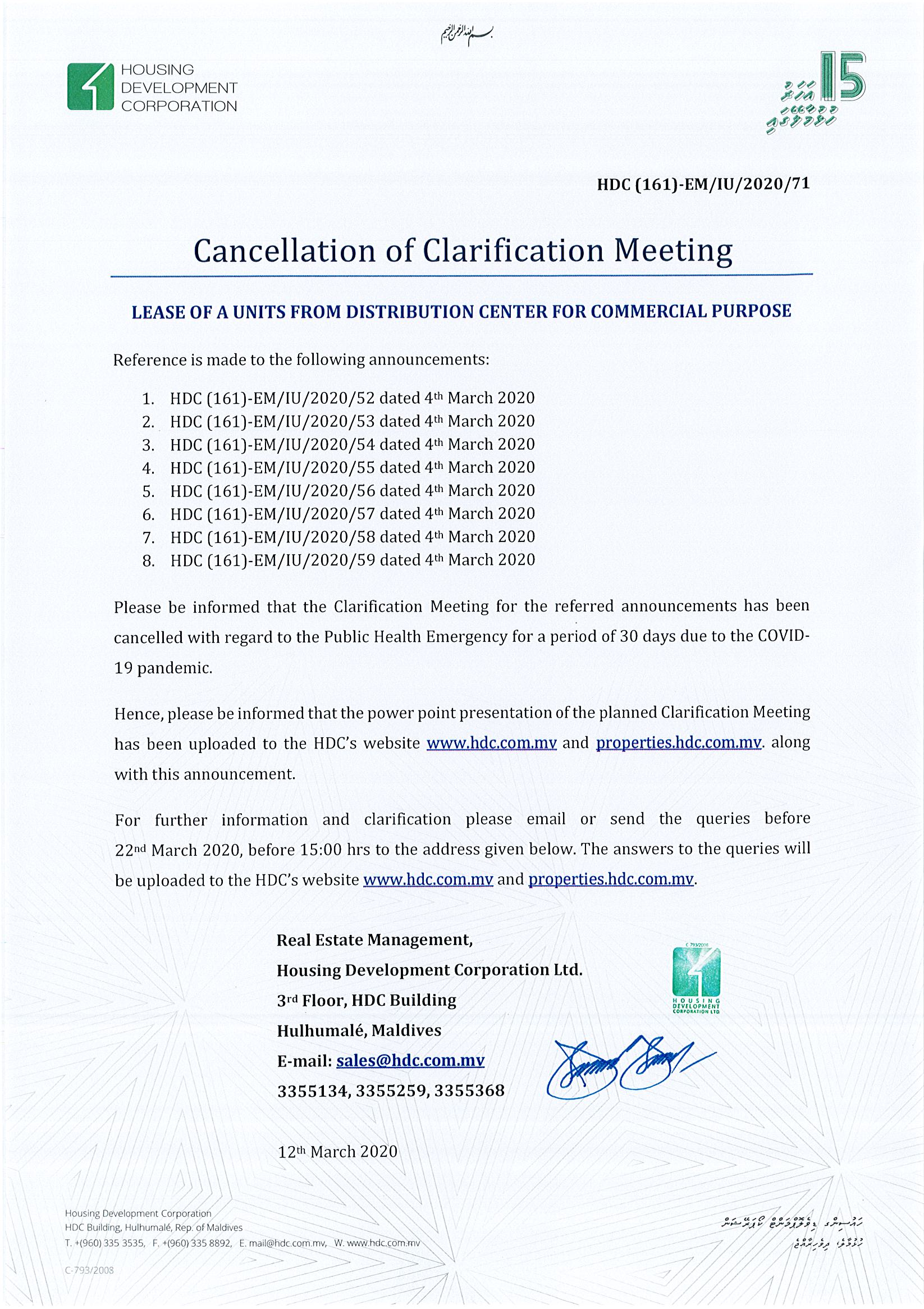 Cancellation of Clarification Meeting