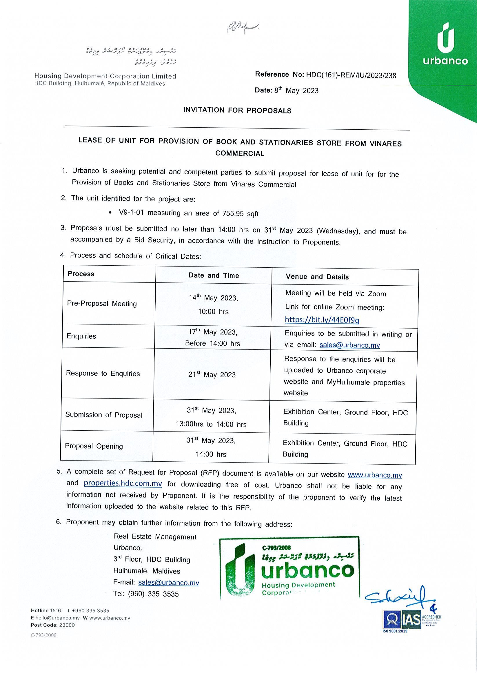 Lease of Unit for the Provision of Books and Stationaries Store from Vinares Commercial