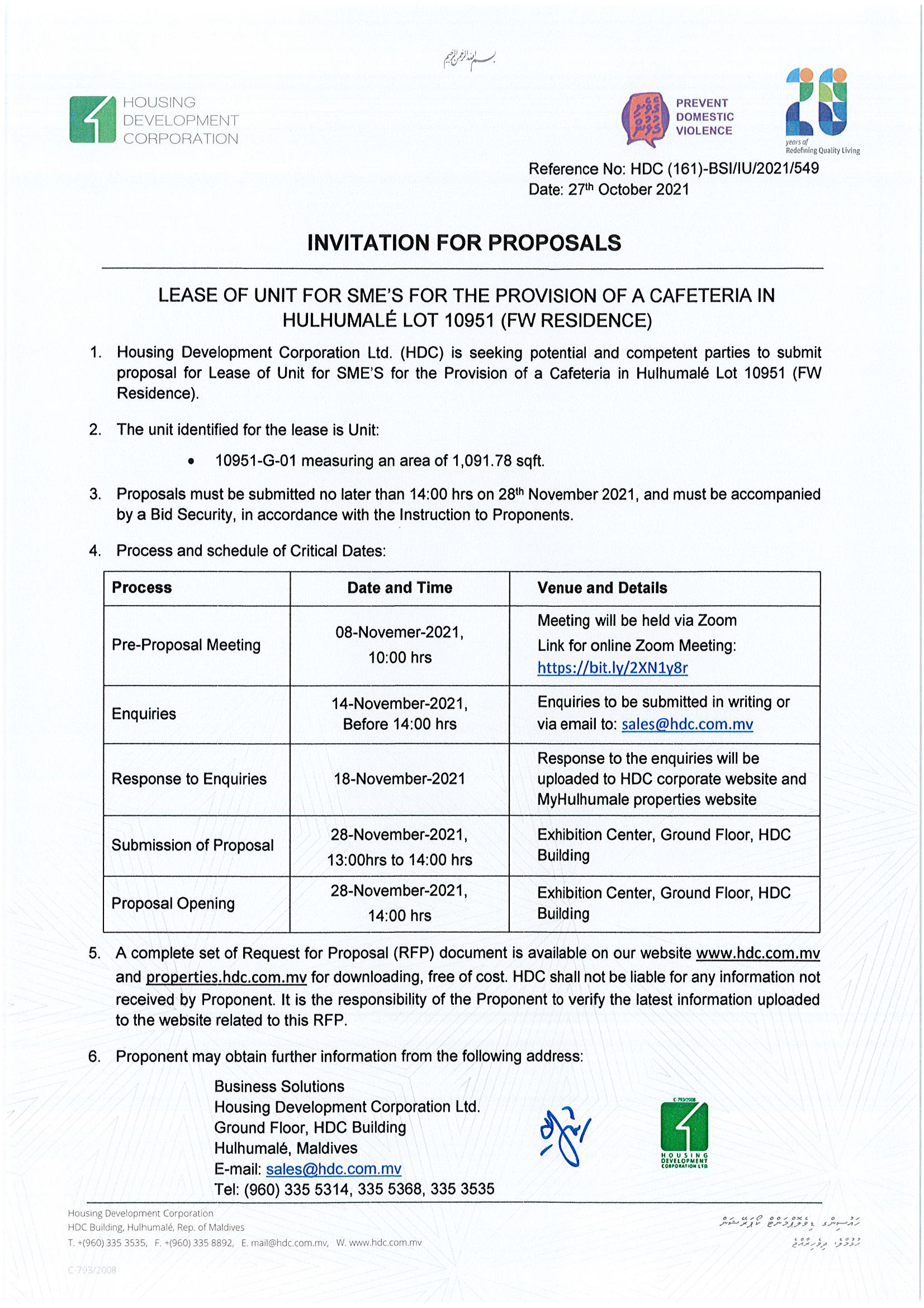 Lease of Unit for SME’S for the Provision of a Cafeteria in Hulhumalé Lot 10951 (FW Residence)