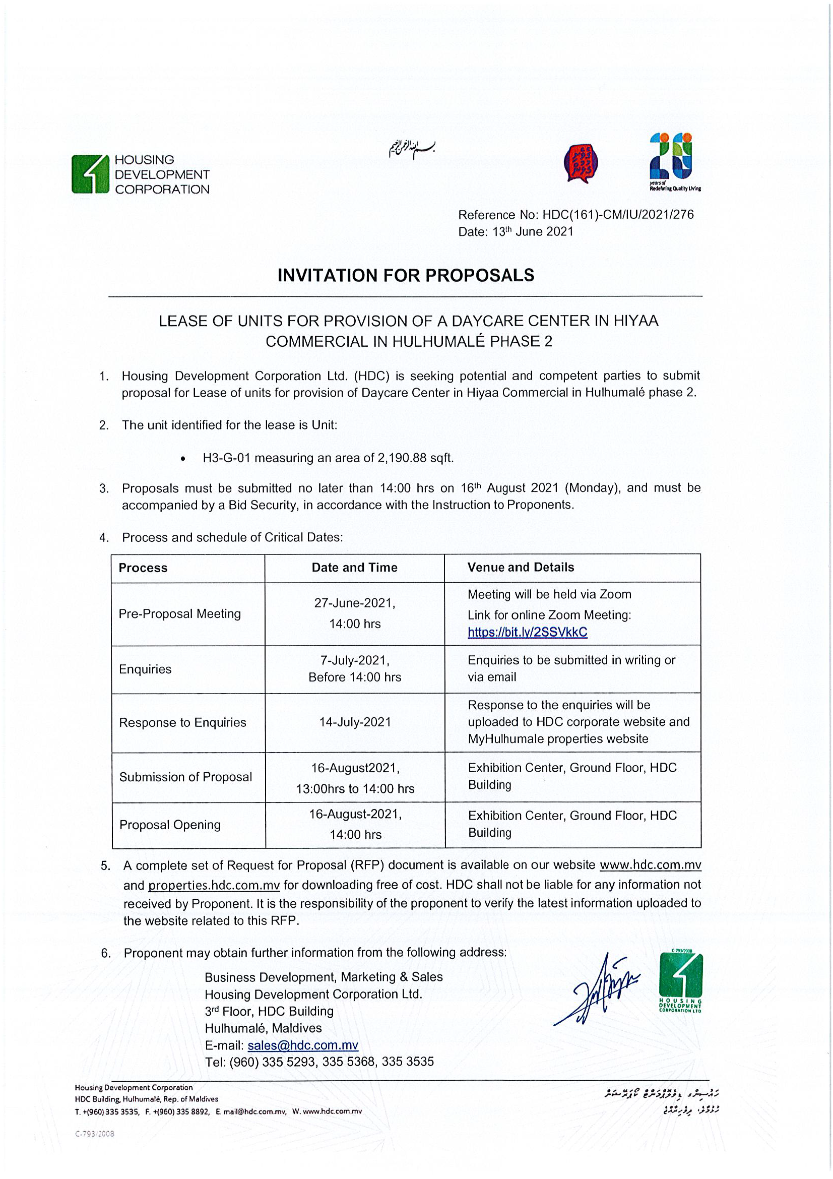 Lease of units for provision of Daycare Center in Hiyaa Commercial in Hulhumalé Phase 2