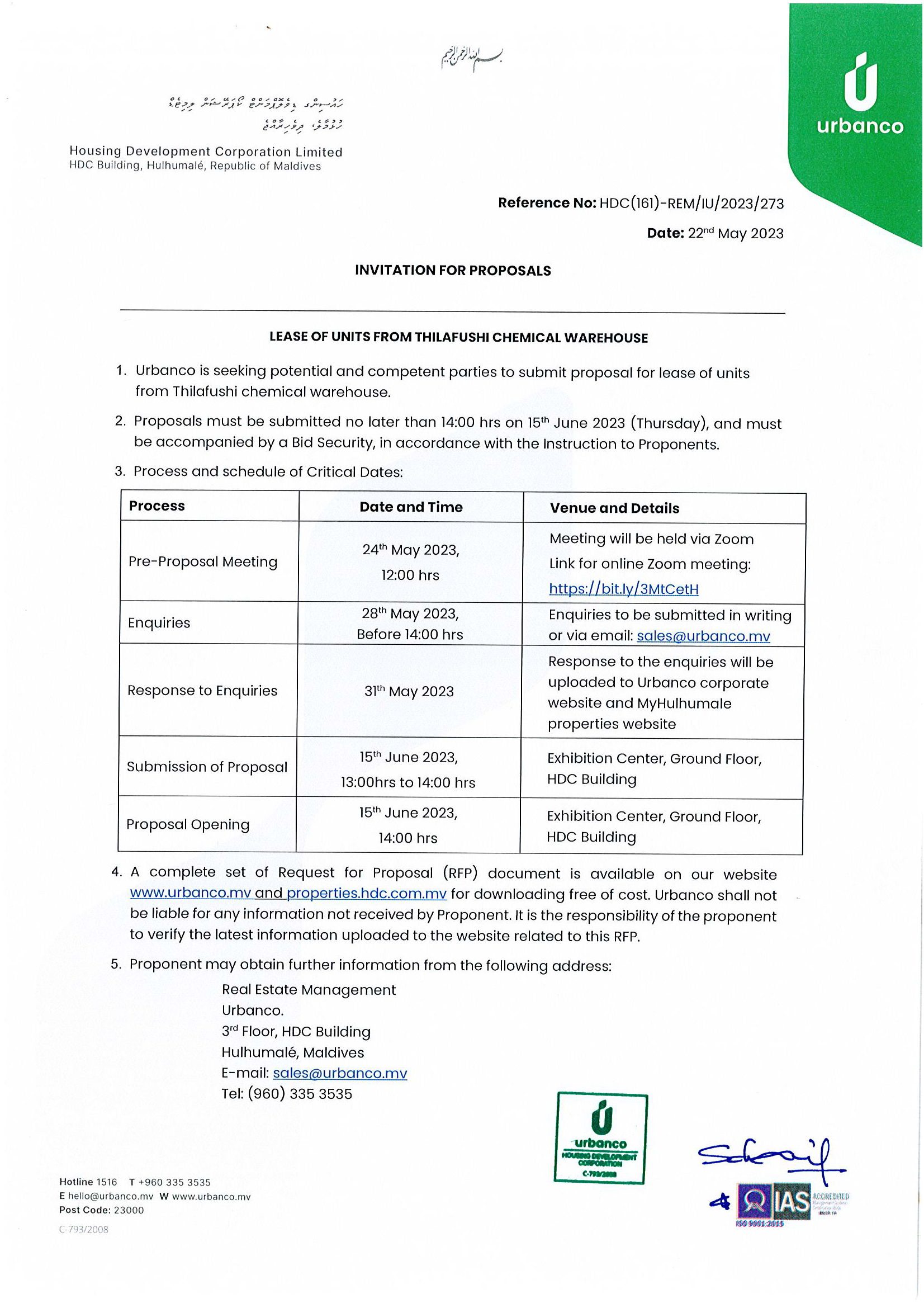 Lease of Units from Thilafushi Chemical Warehouse