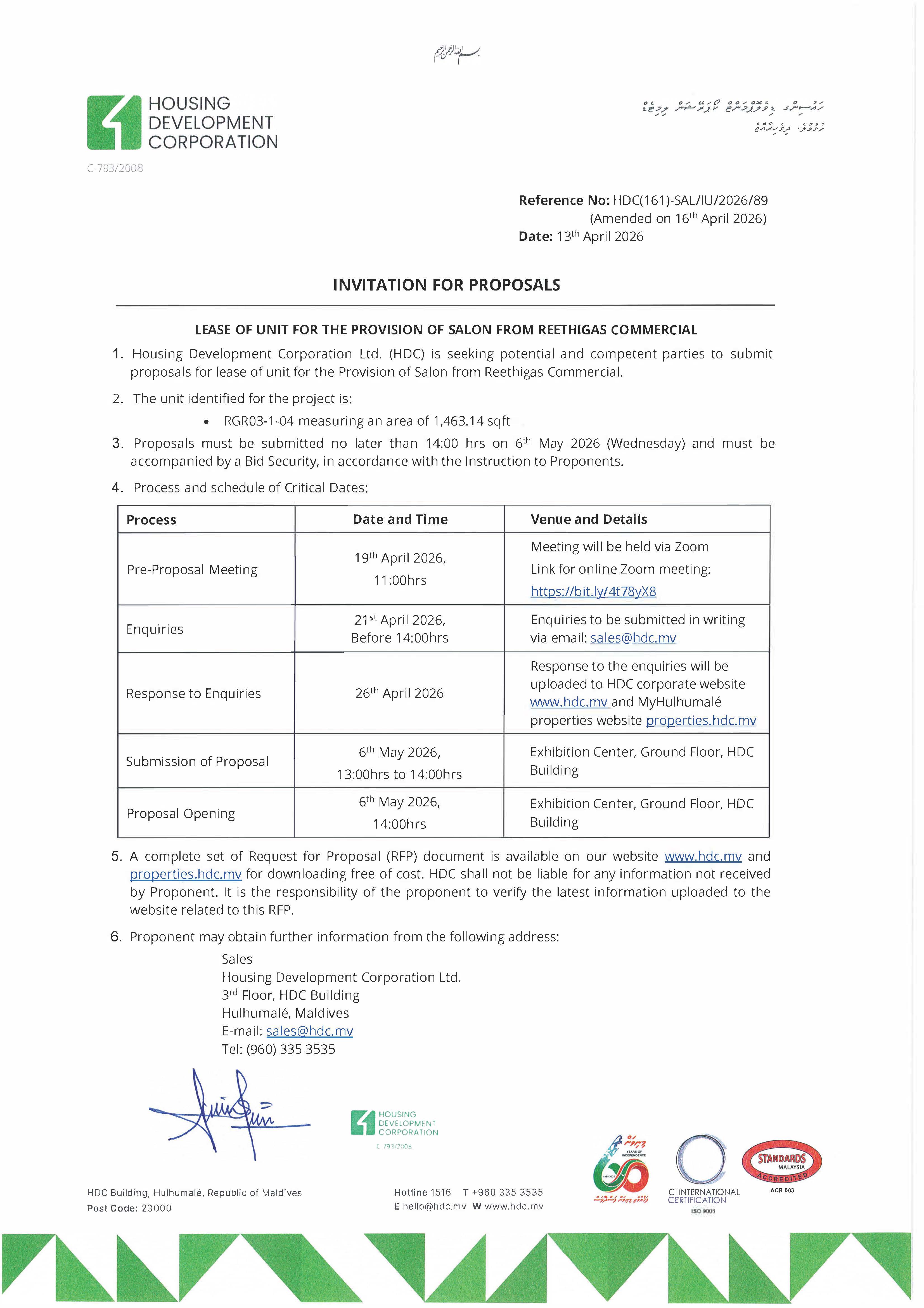 Lease of Unit for the Provision of Salon from Reethigas Commercial