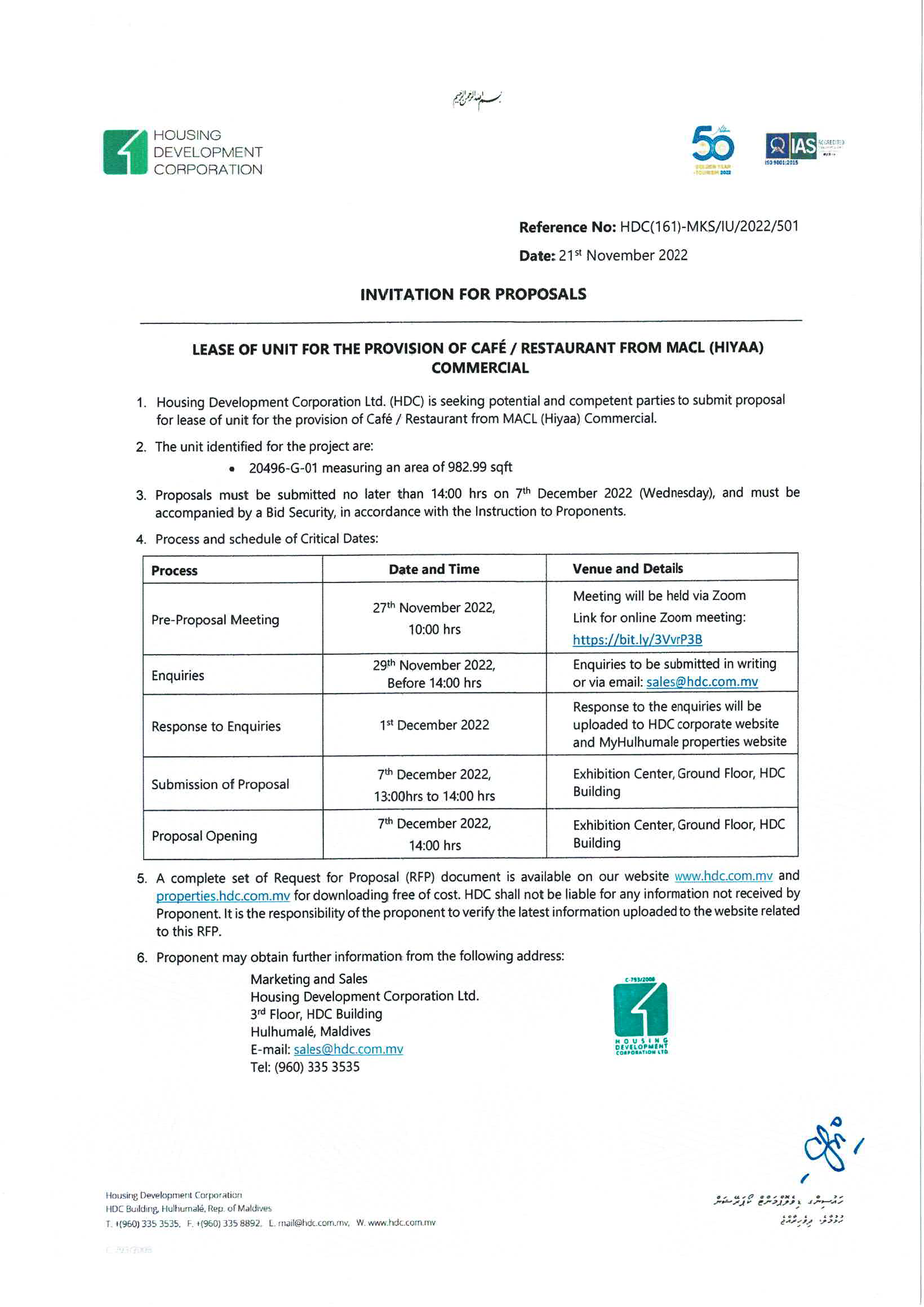 Lease of unit for the provision of Café / Restaurant from MACL (Hiyaa) Commercial