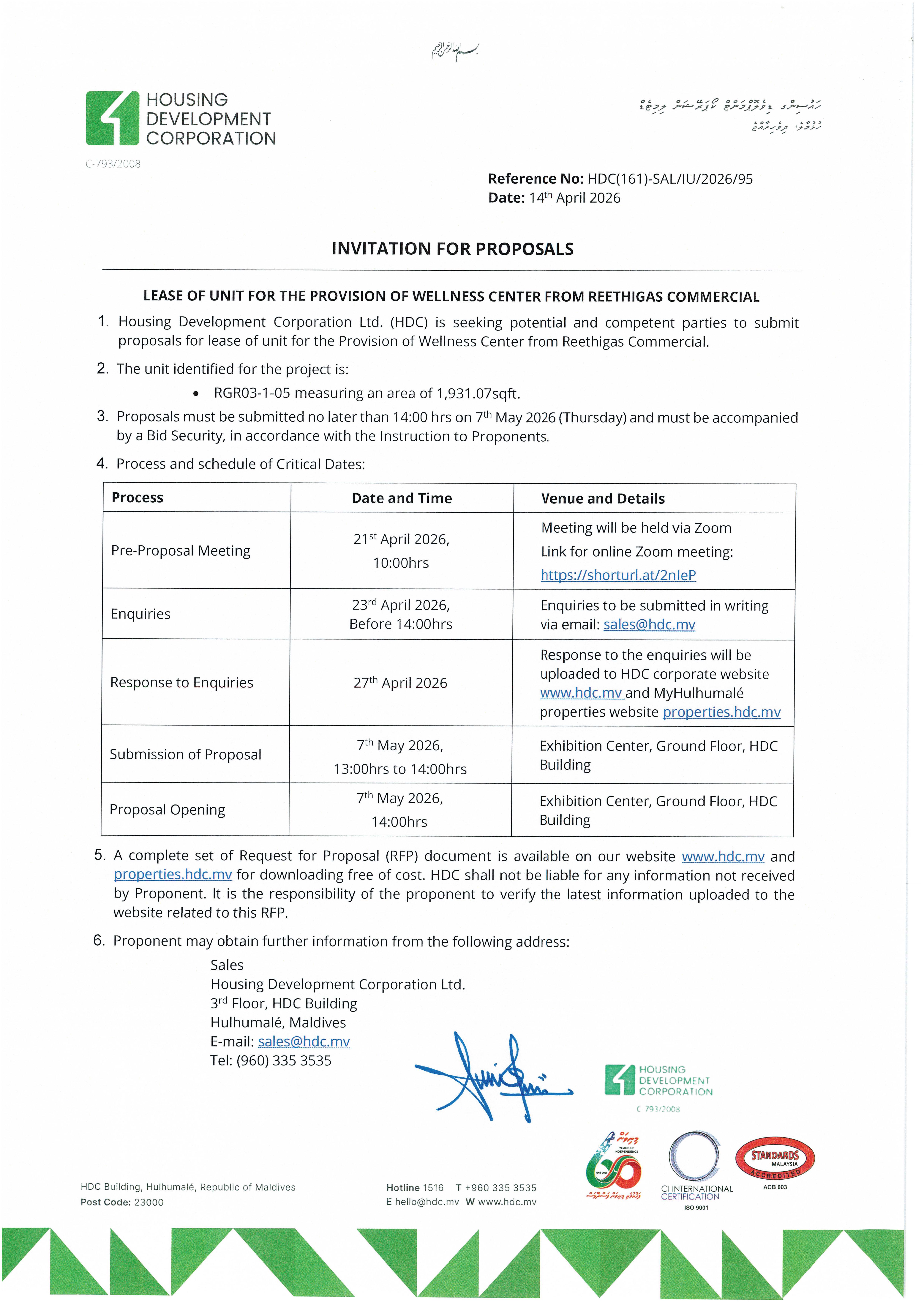 Lease of Unit for the Provision of Wellness Centre from Reethigas Commercial