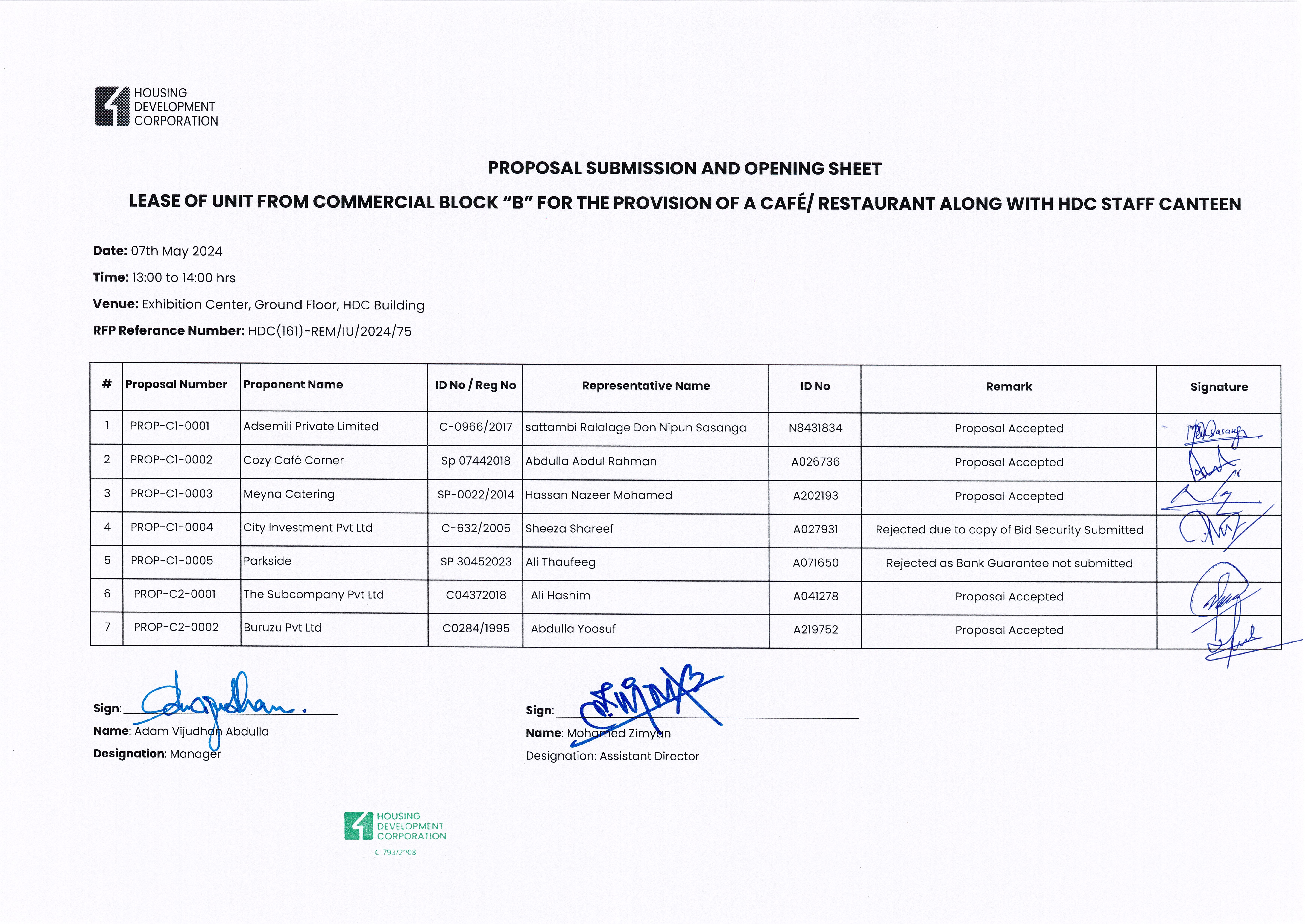 Proposal Submission and Opening Sheet