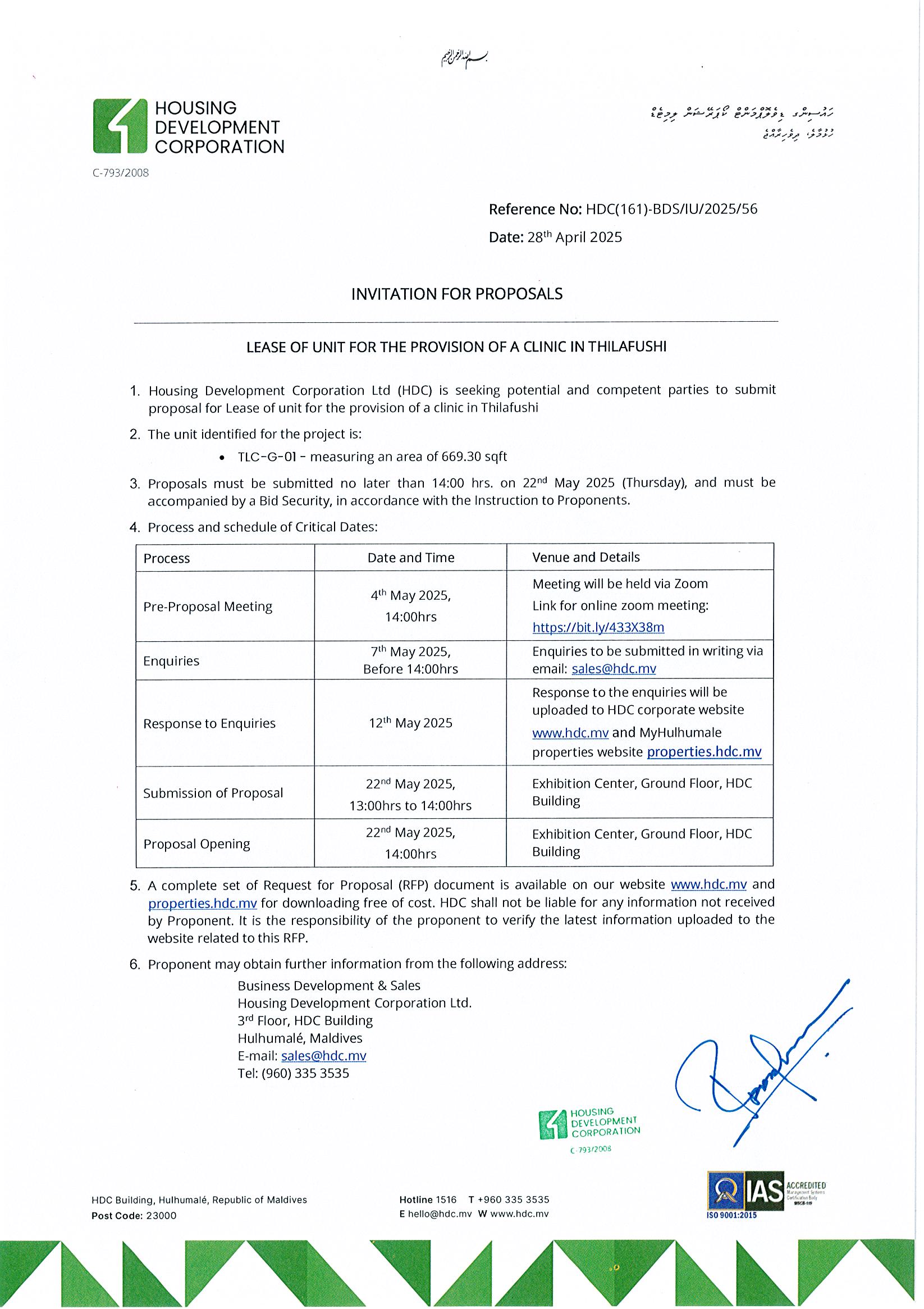 Lease of Unit for the Provision of Clinic from Thilafushi