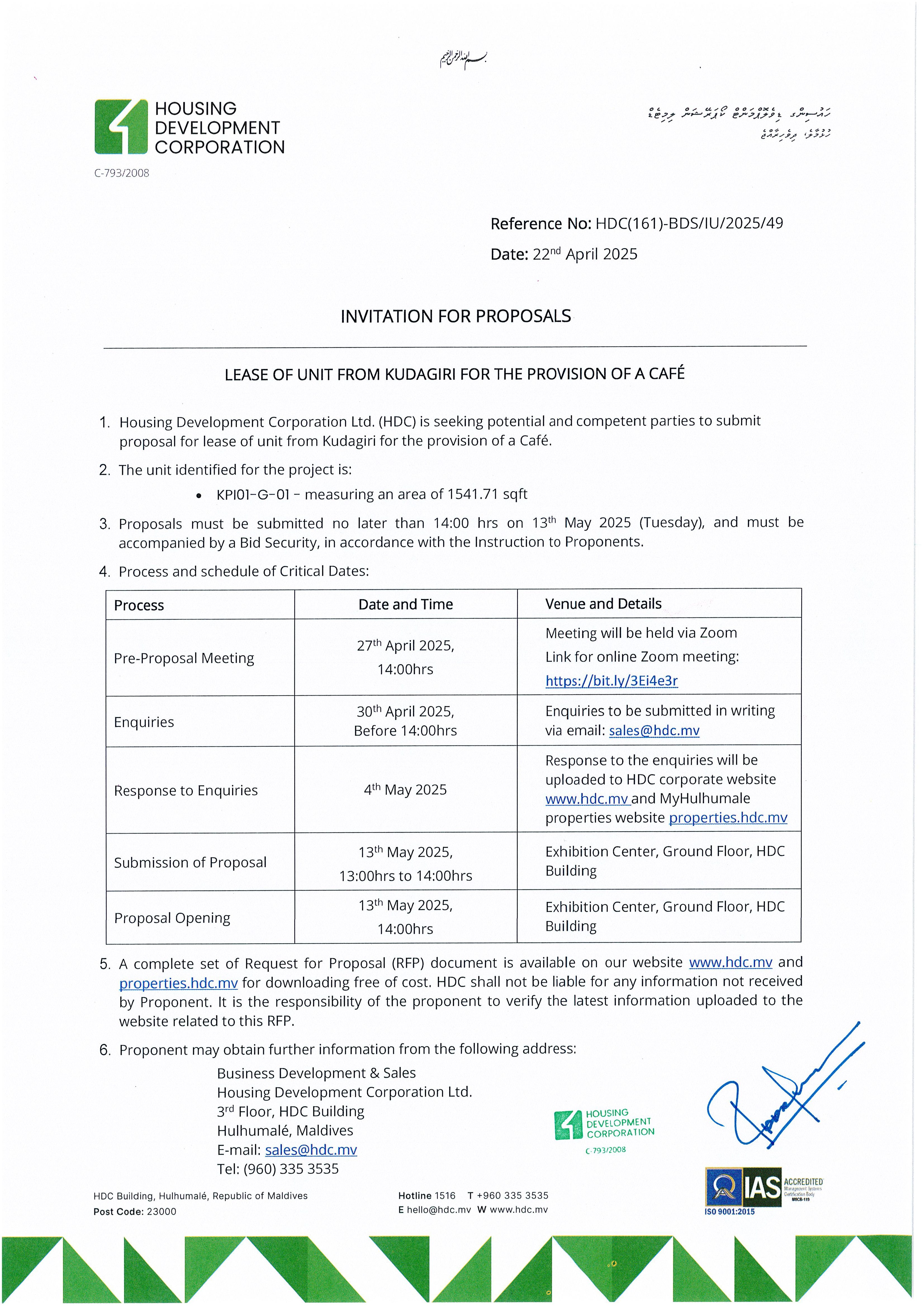 Lease of Unit from Kudagiri for the Provision of a Café