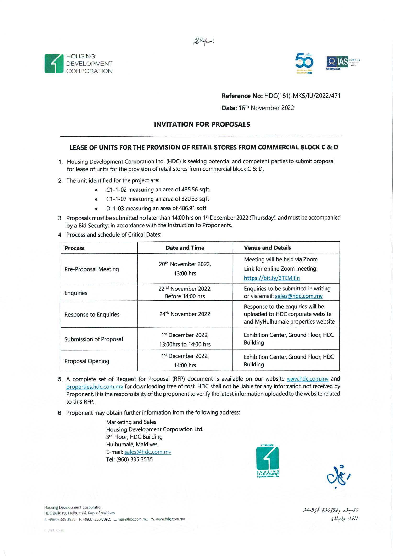 Lease of units for the provision of Retail Stores from Commercial Block C & D