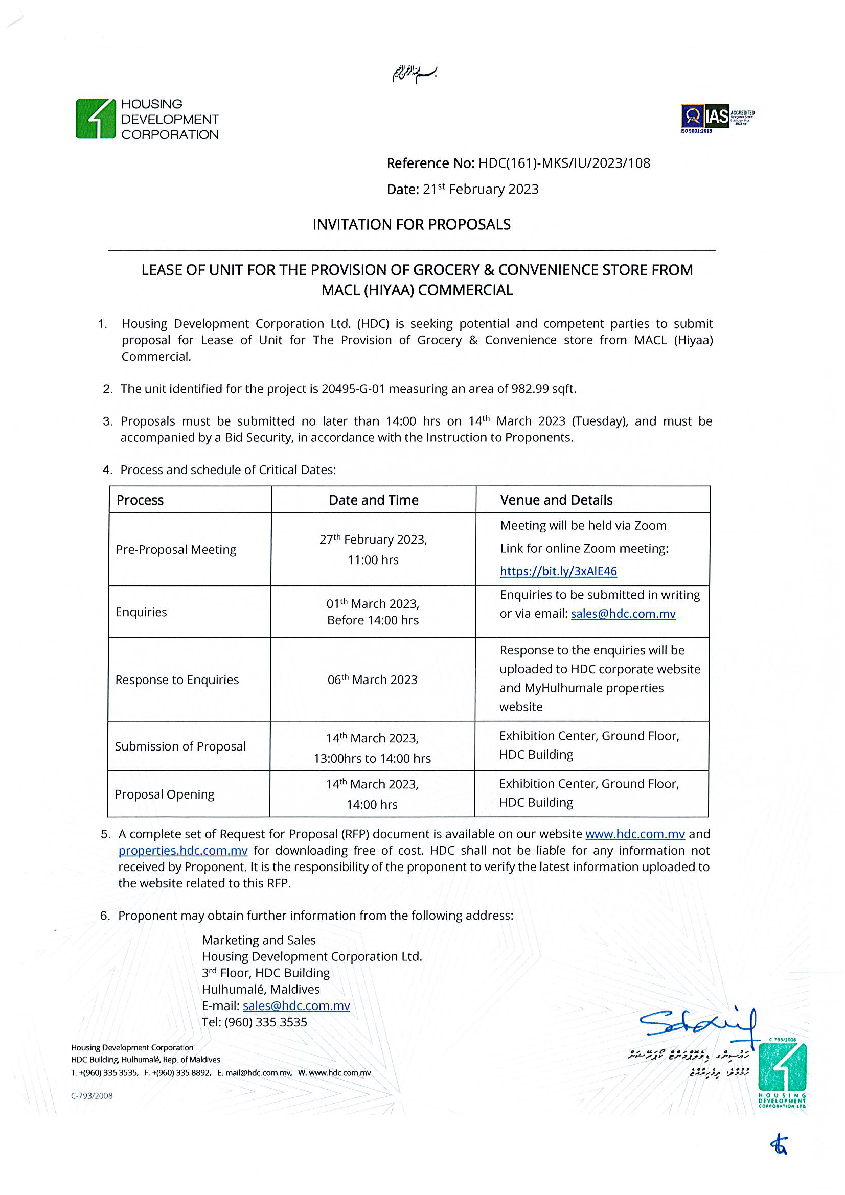 Lease of Unit for The Provision of Grocery & Convenience store from MACL (Hiyaa) Commercial