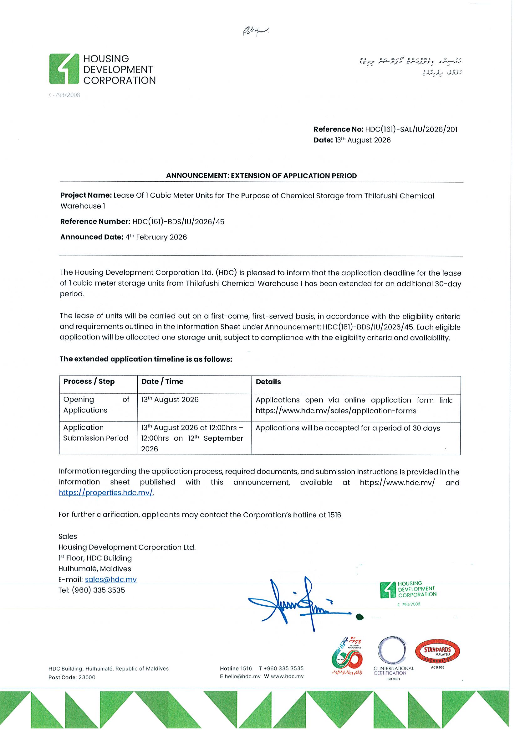 Extension of Application Period - Lease of 1 Cubic Meter Units for the Purpose of Chemical storage from Thilafushi Chemical Warehouse 1